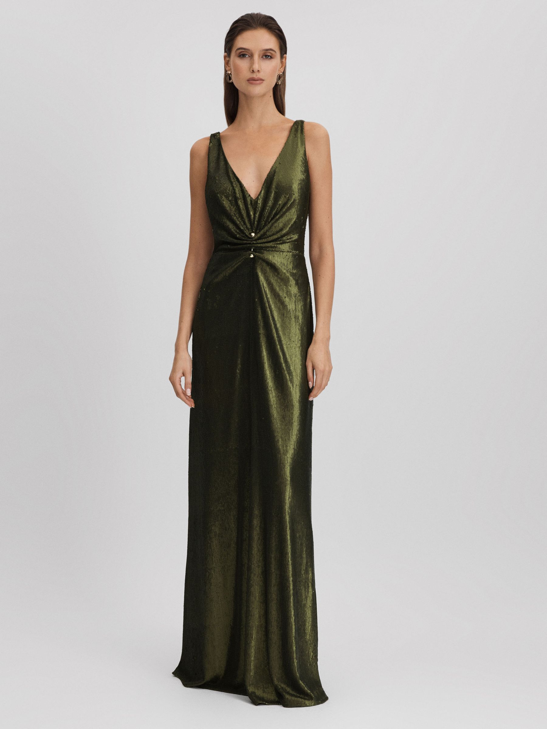 Halston Sequin Ruche Maxi Dress in Seaweed - Image 1 of 6