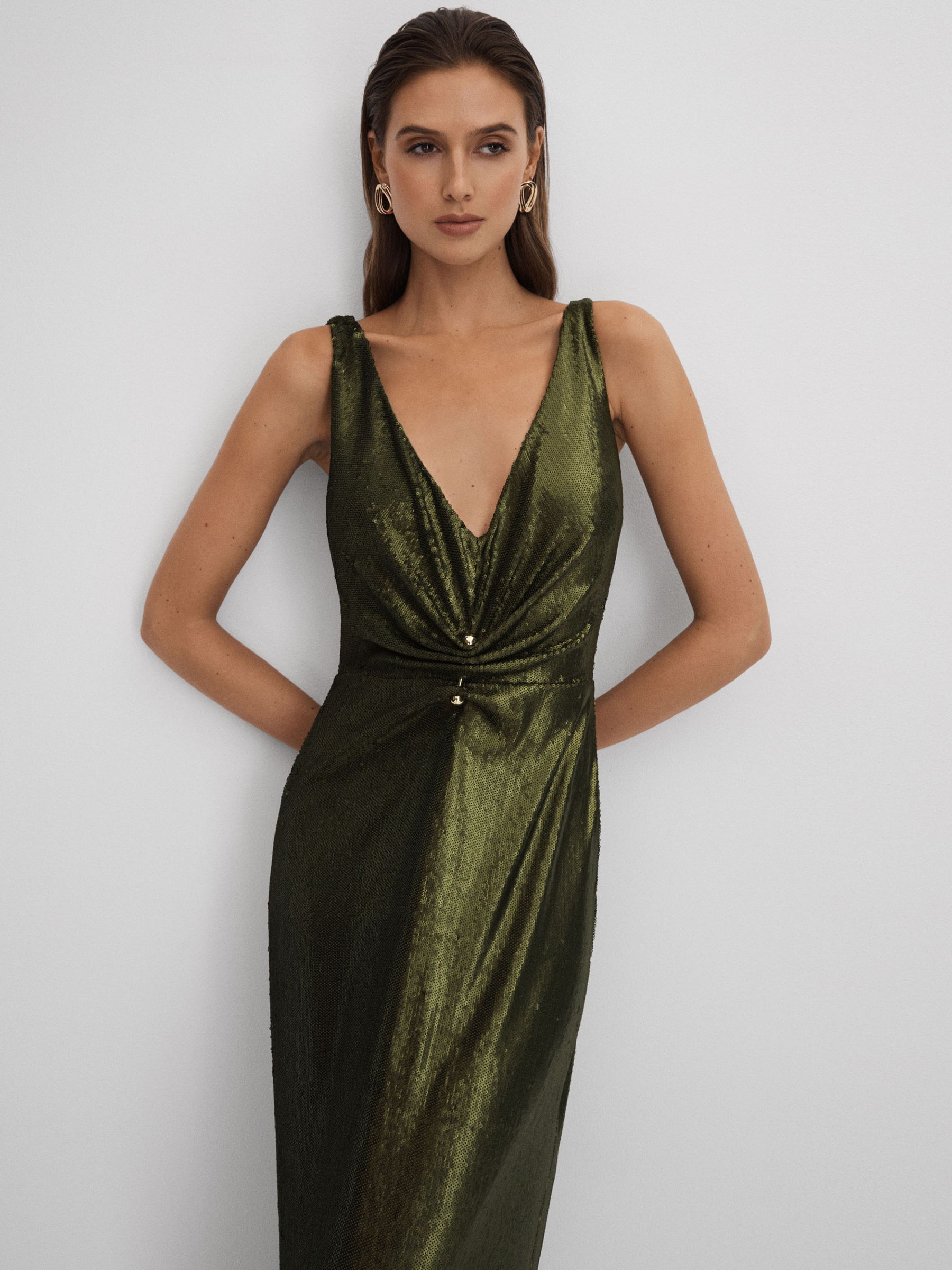 Halston Sequin Ruche Maxi Dress in Seaweed - Image 3 of 6
