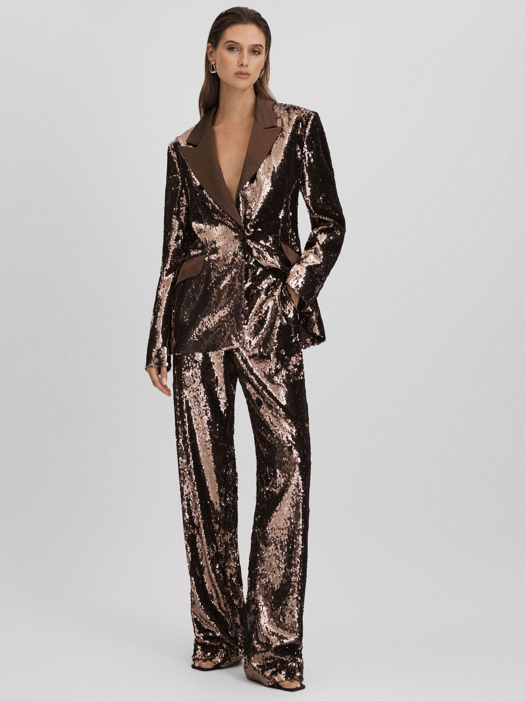 Halston Tailored Sequin Single Breasted Blazer in Java - Image 3 of 7