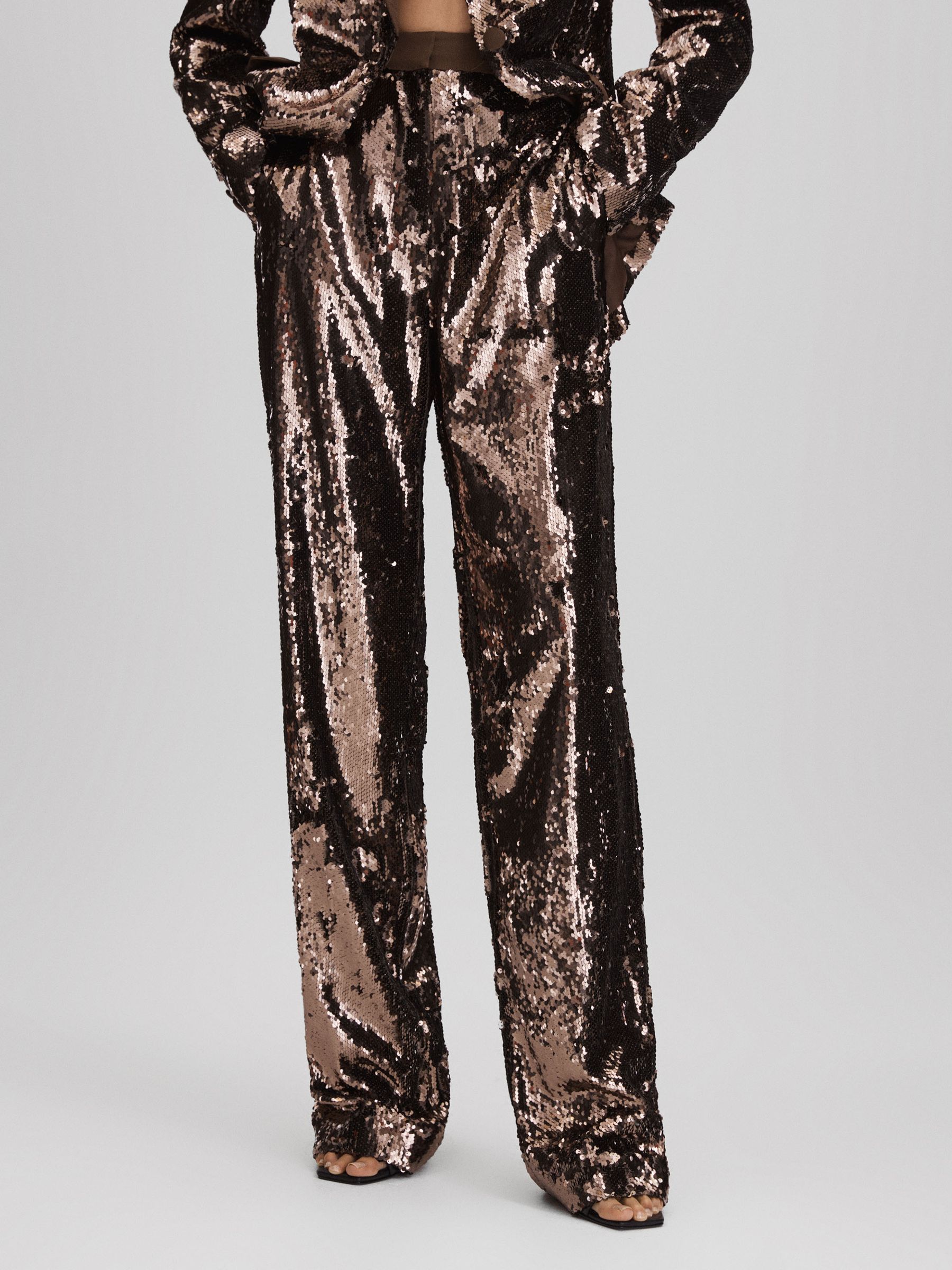 Halston Sequin Wide Leg Trousers in Java - Image 1 of 6