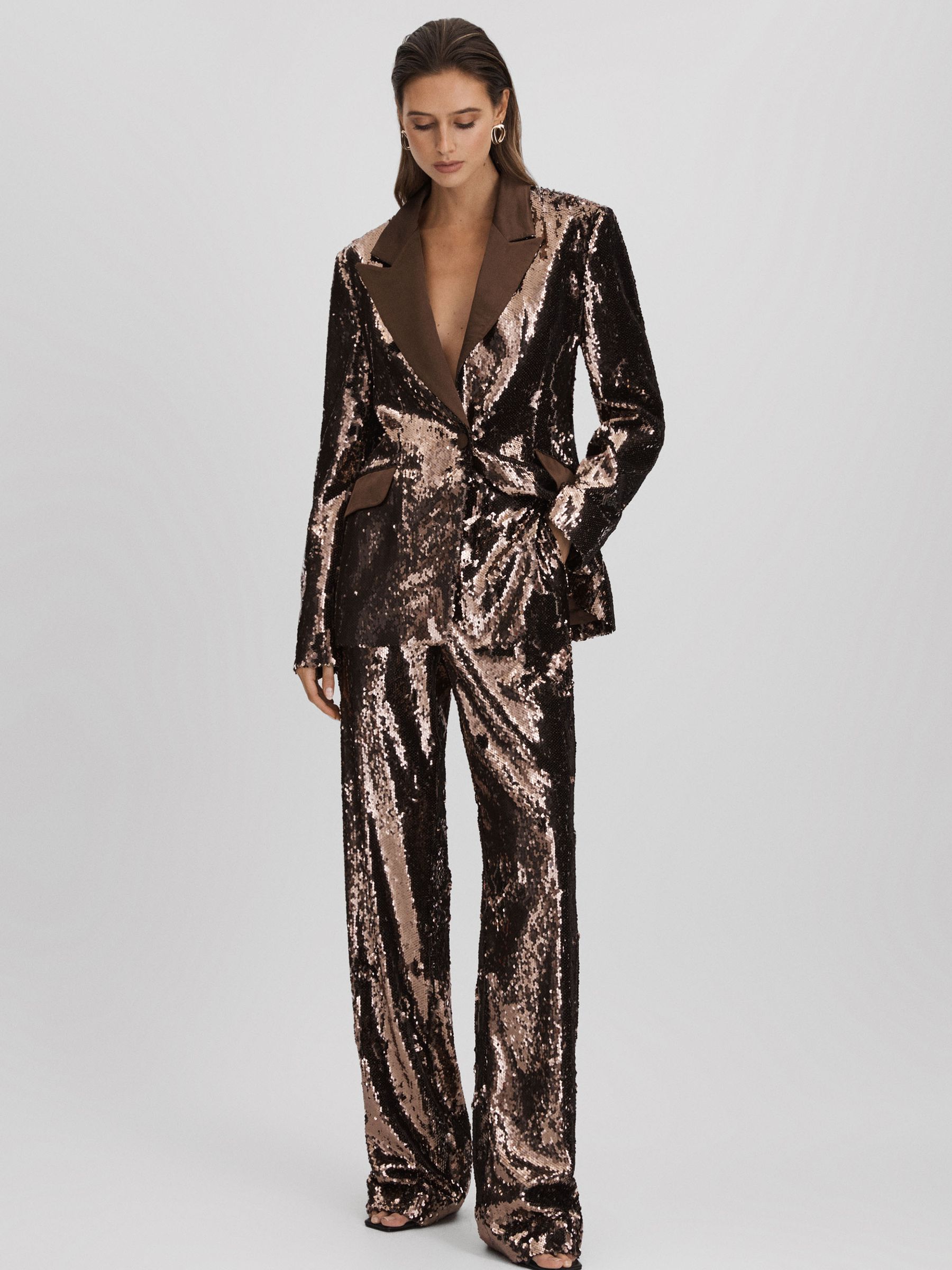 Halston Sequin Wide Leg Trousers in Java - Image 3 of 6