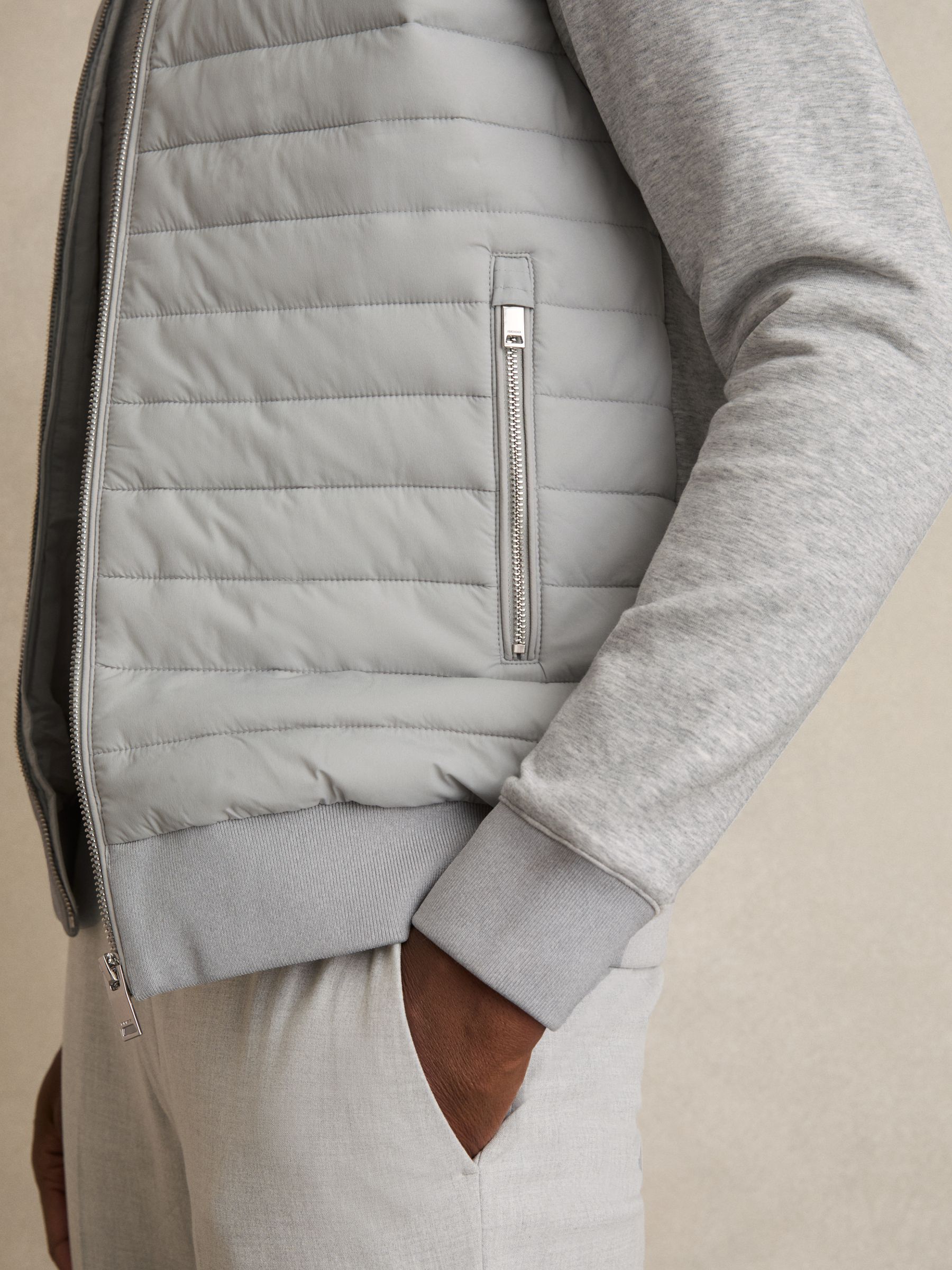 Hybrid Quilt and Knit Zip-Through Jacket in Soft Grey Melange - Image 4 of 7