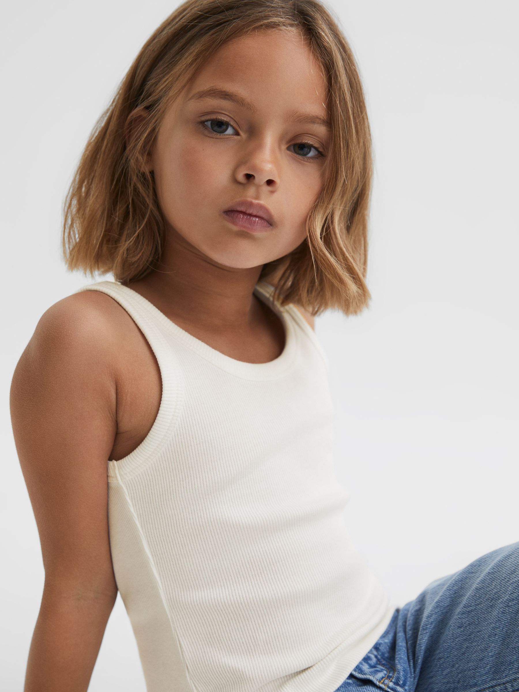 9-13 yrs Cotton Blend Ribbed Vest in White - Image 1 of 6