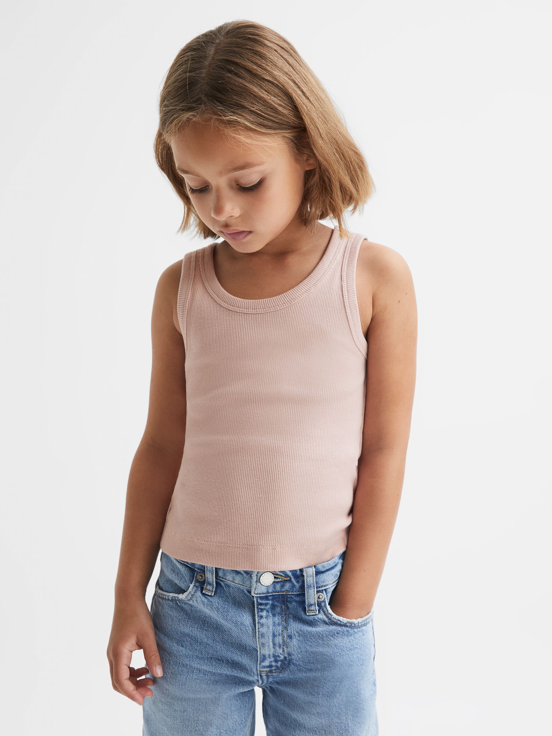 9-13 yrs Cotton Blend Ribbed Vest in Pale Pink - Image 1 of 6