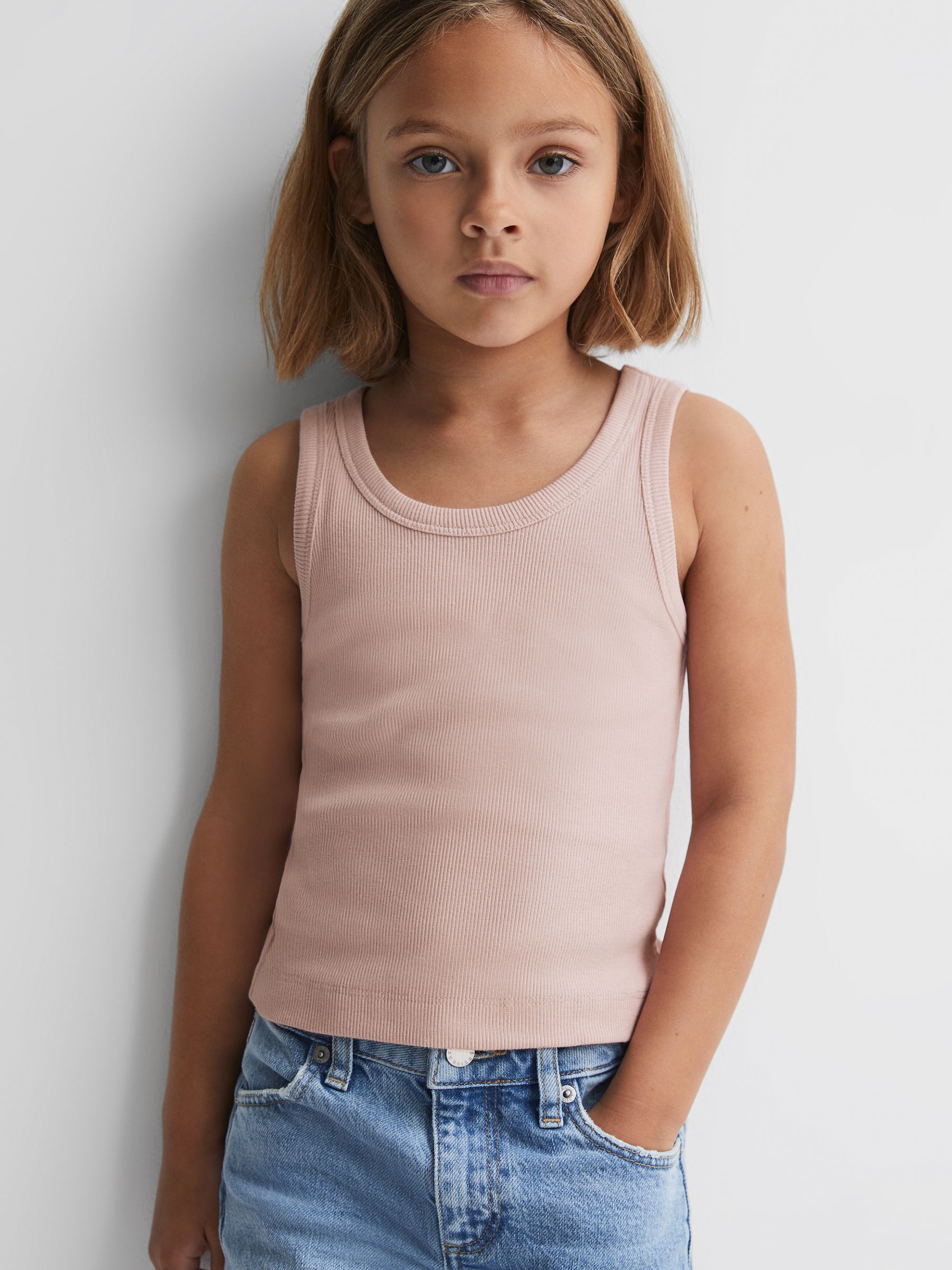 9-13 yrs Cotton Blend Ribbed Vest in Pale Pink - Image 4 of 6