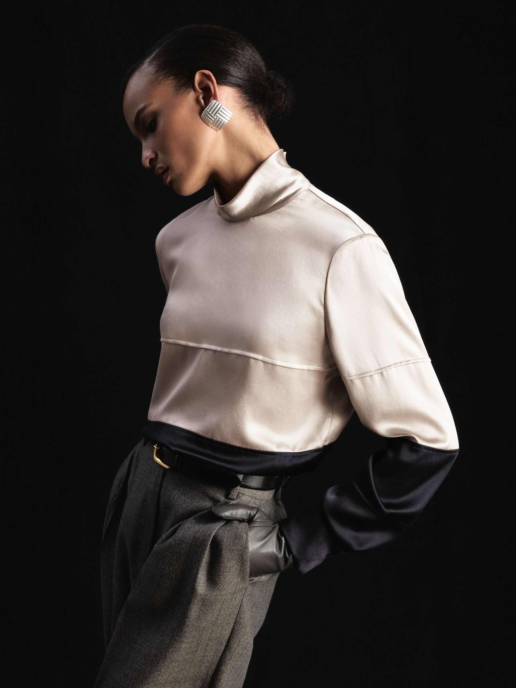 Atelier Silk Colour-Block High-Neck Blouse in Grey/Navy - Image 1 of 7