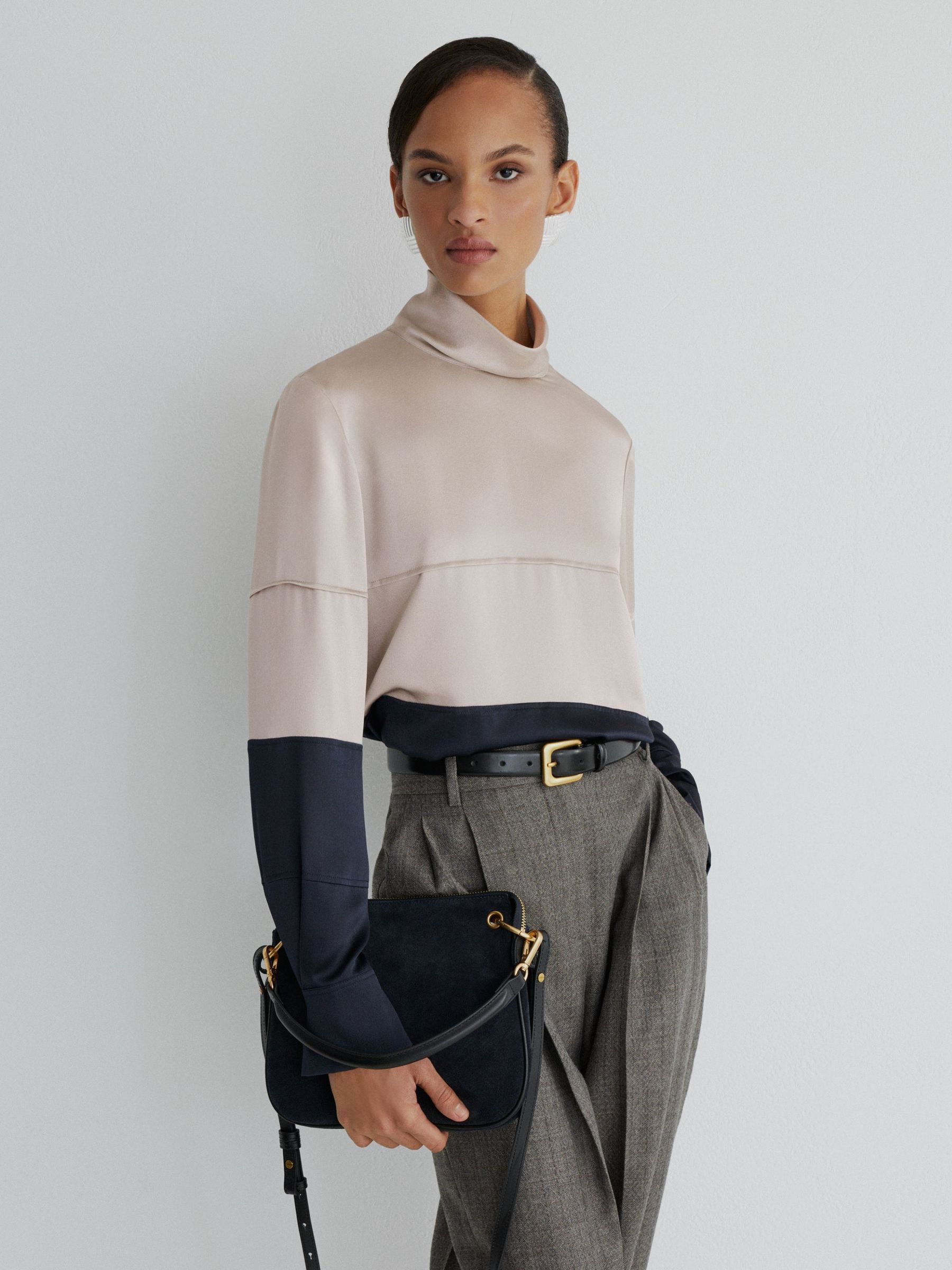 Atelier Silk Colour-Block High-Neck Blouse in Grey/Navy - Image 3 of 7