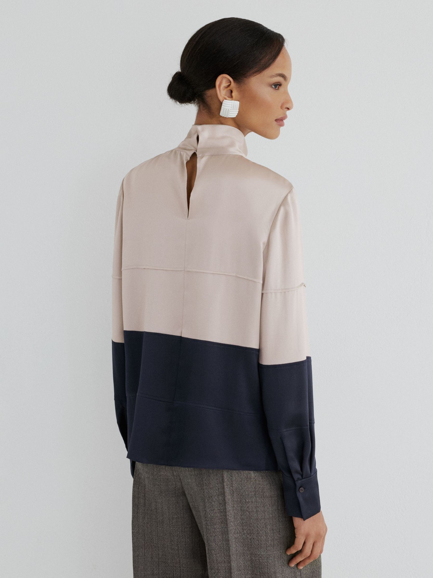 Atelier Silk Colour-Block High-Neck Blouse in Grey/Navy - Image 6 of 7