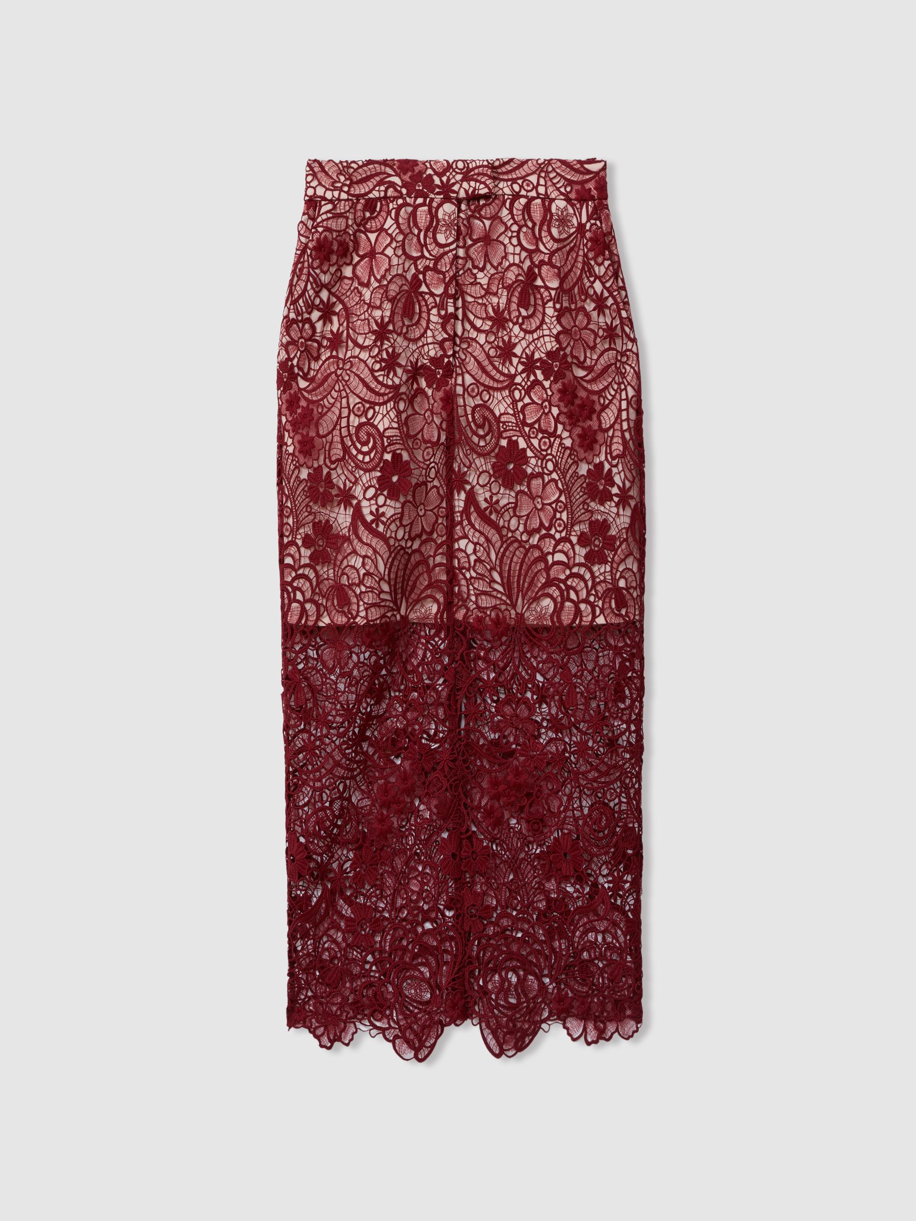 Sheer Lace Midi Pencil Skirt in Burgundy - Image 2 of 6