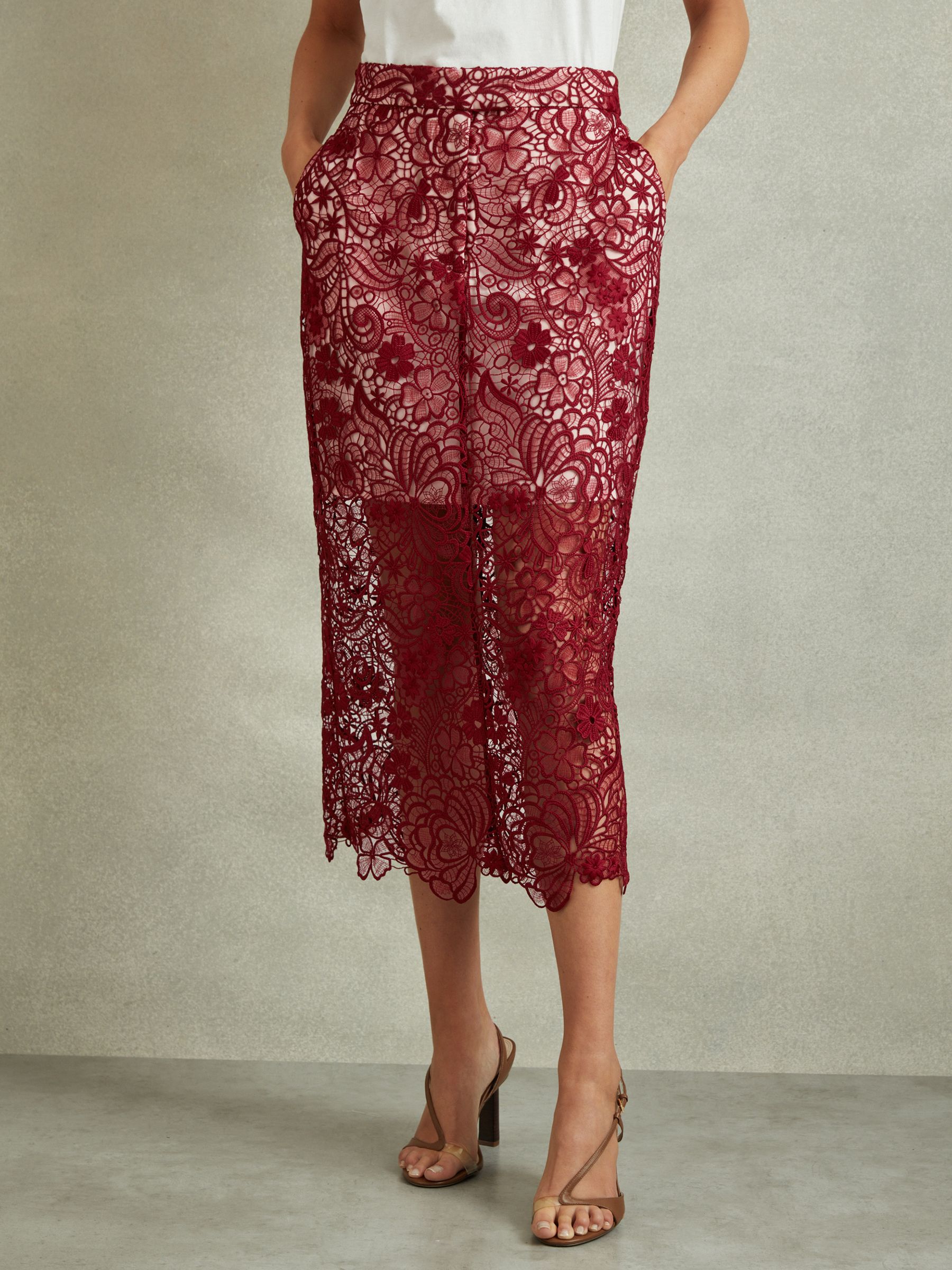 Sheer Lace Midi Pencil Skirt in Burgundy - Image 3 of 6