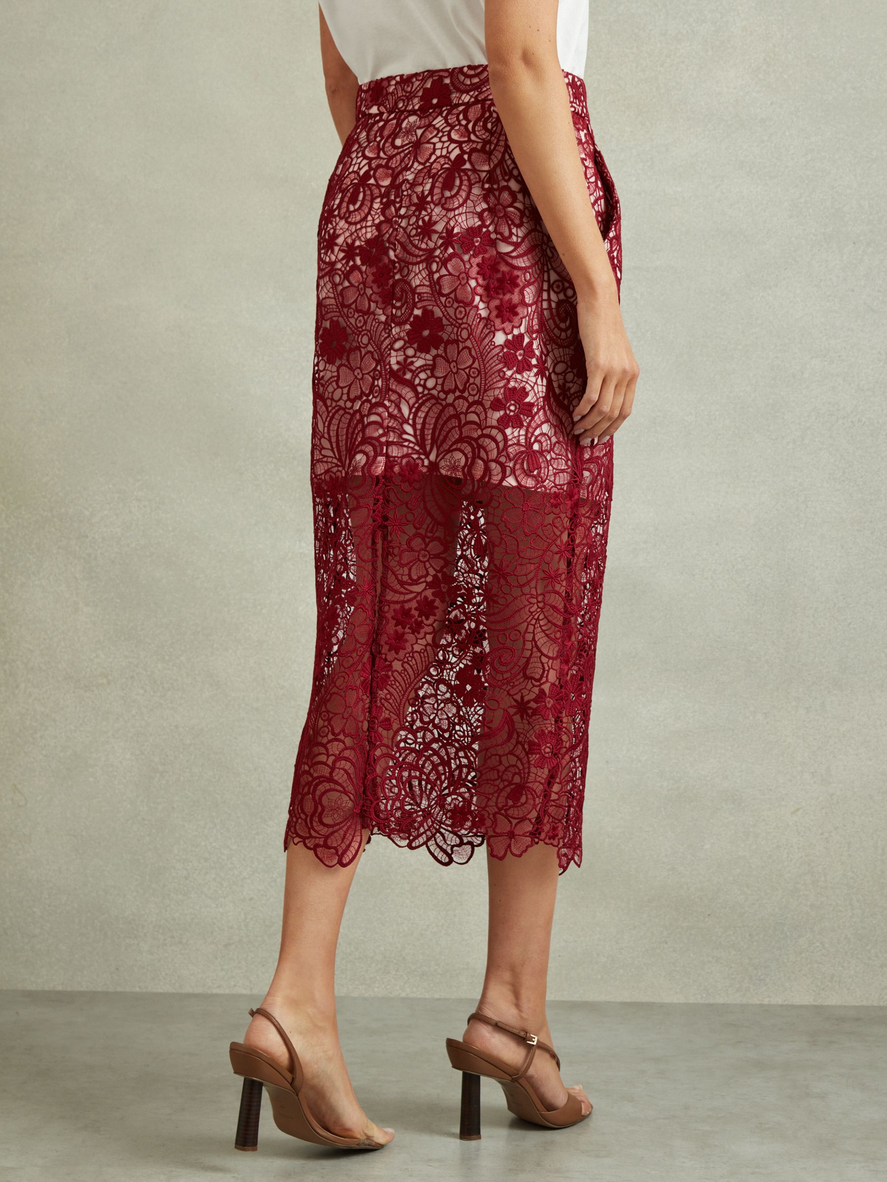 Sheer Lace Midi Pencil Skirt in Burgundy - Image 5 of 6
