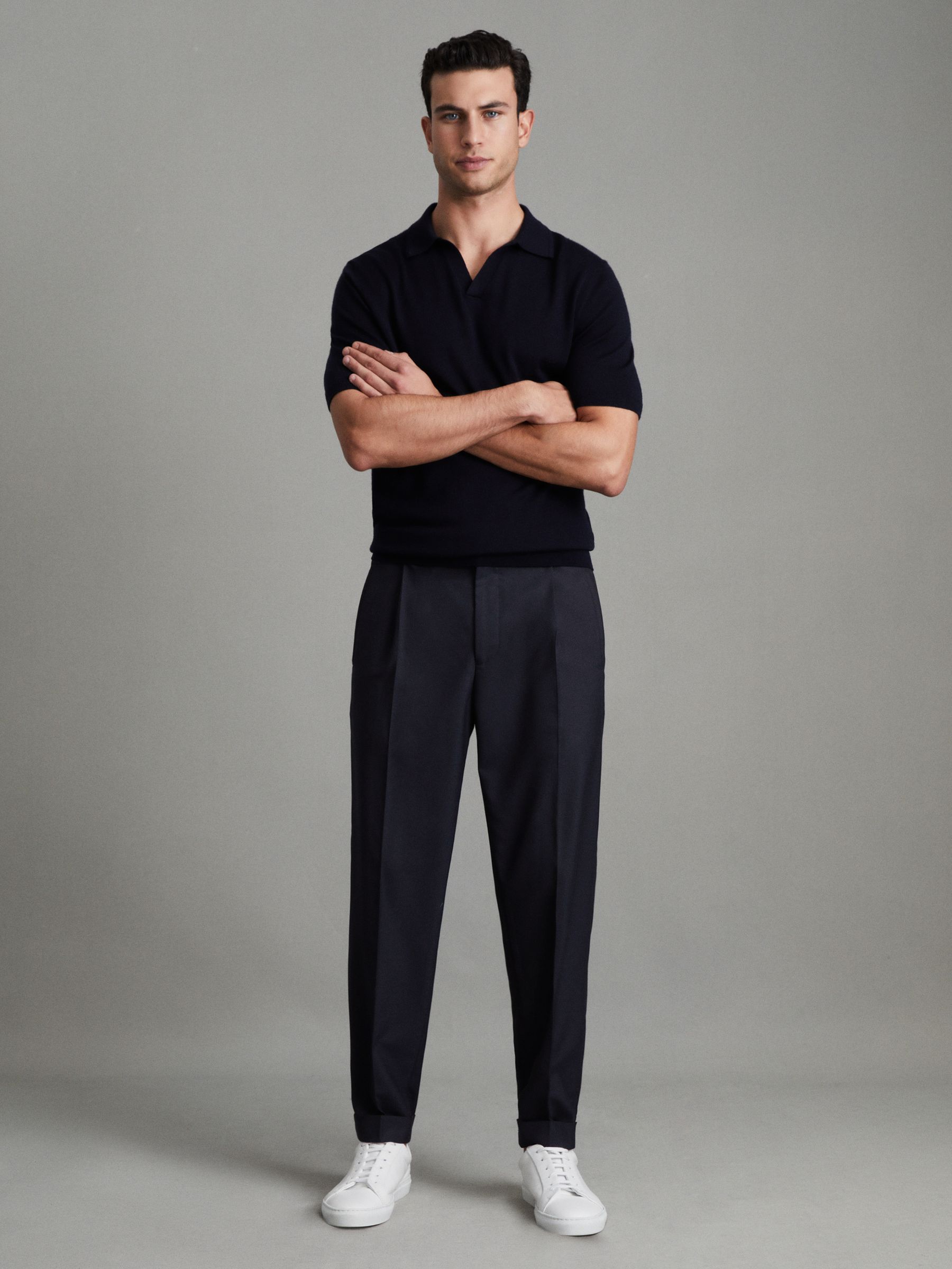 Relaxed Drawstring Trousers with Turn-Ups in Navy - Image 3 of 7