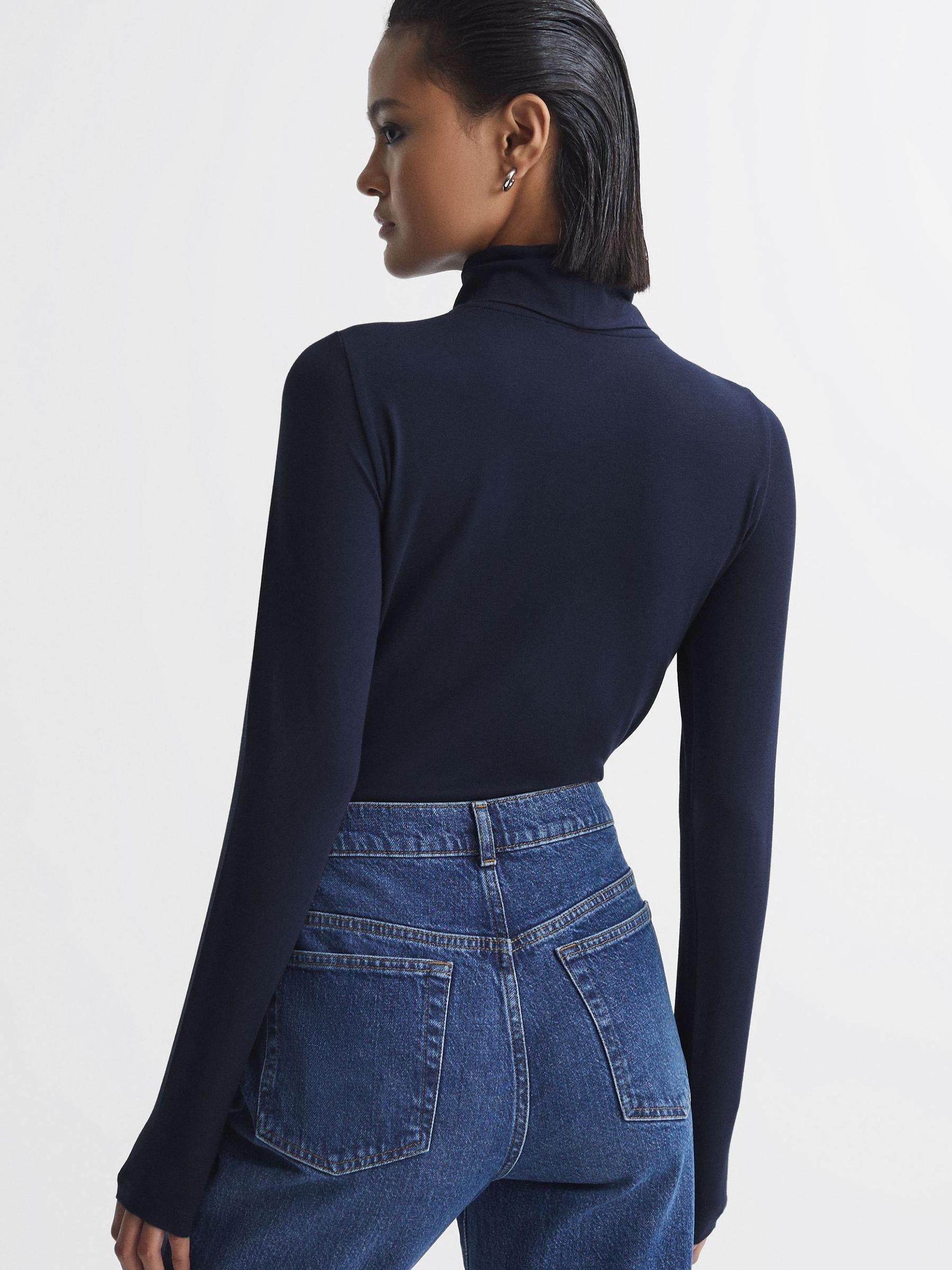 Fitted Roll Neck T-Shirt in Navy - Image 4 of 5