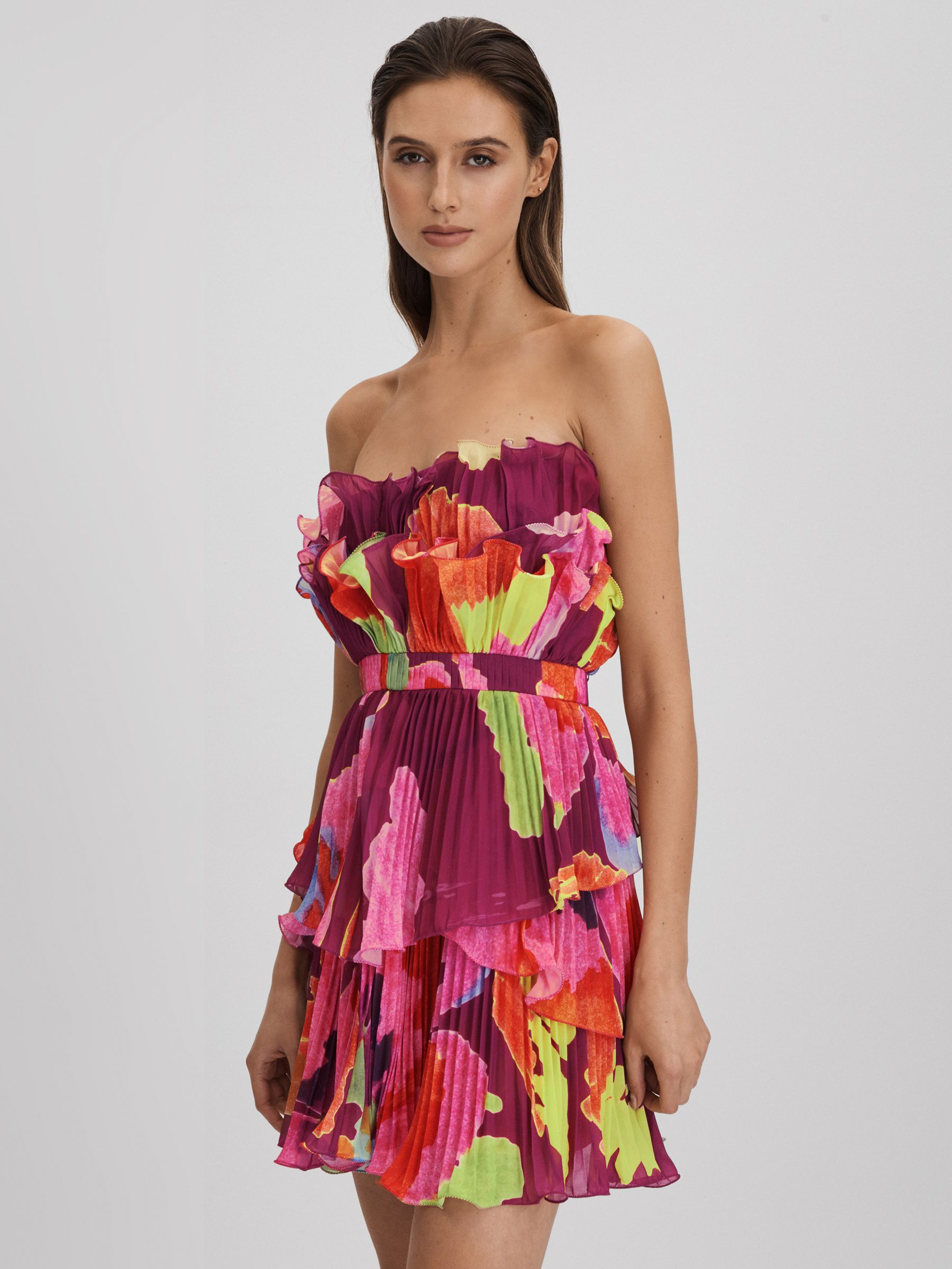 Amur Pleated Strapless Mini Dress in Sangria Flower - Image 3 of 6