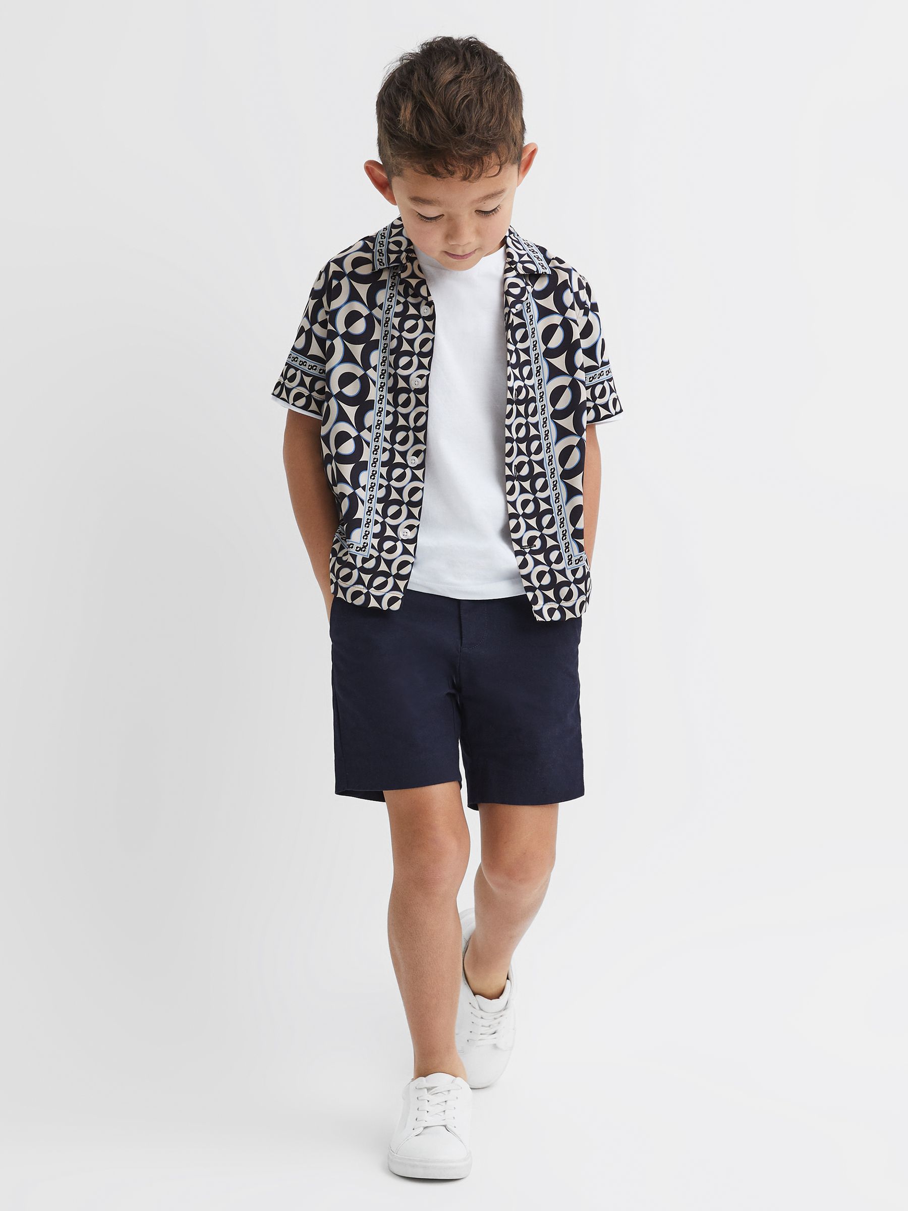 3-9 yrs Printed Cuban Collar Shirt in Lapis Blue - Image 1 of 6 3-9 yrs Printed Cuban Collar Shirt in Lapis Blue - Image 1 of 6