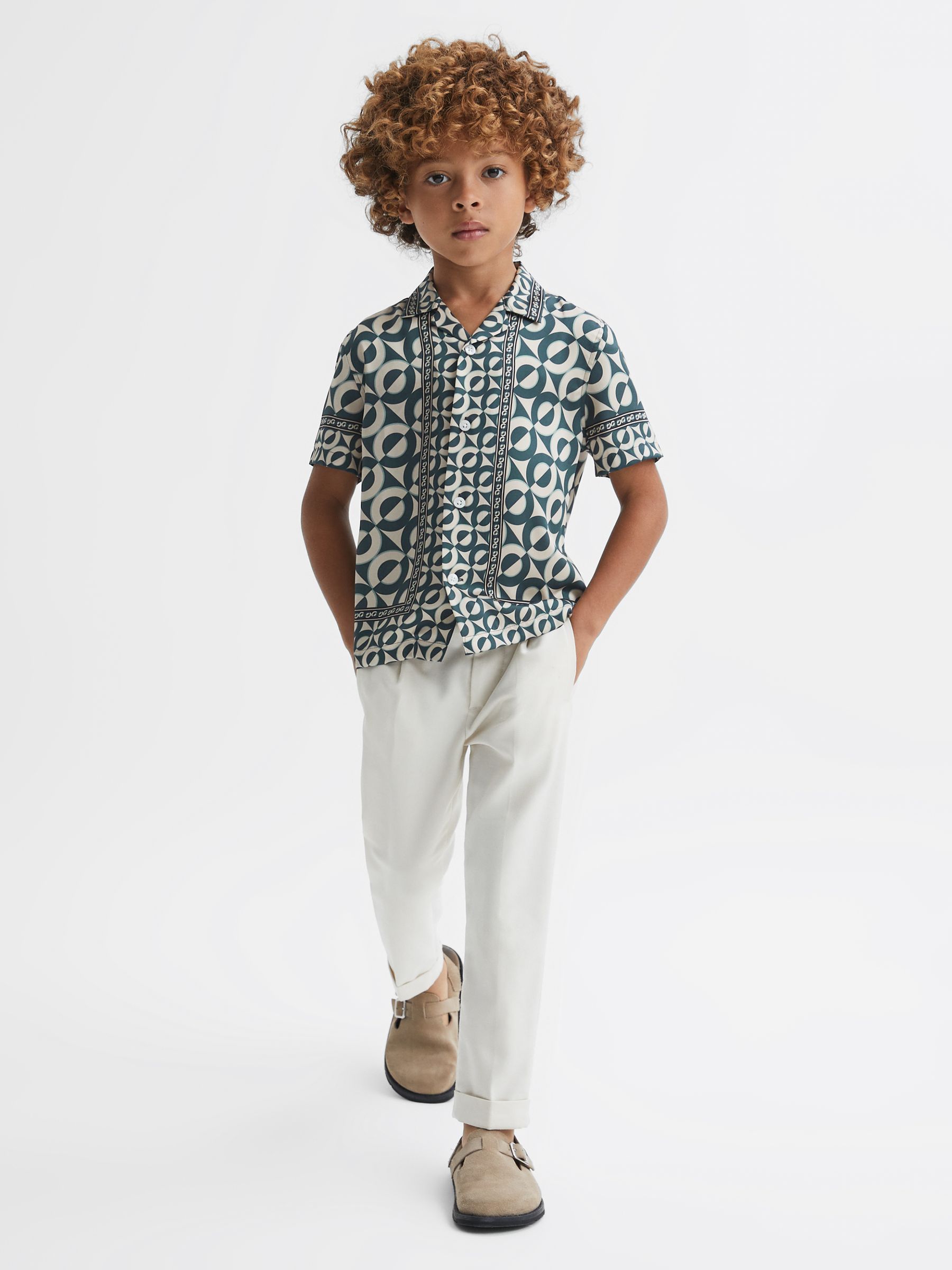 3-9 yrs Printed Cuban Collar Shirt in Hunting Green - Image 1 of 6 3-9 yrs Printed Cuban Collar Shirt in Hunting Green - Image 1 of 6