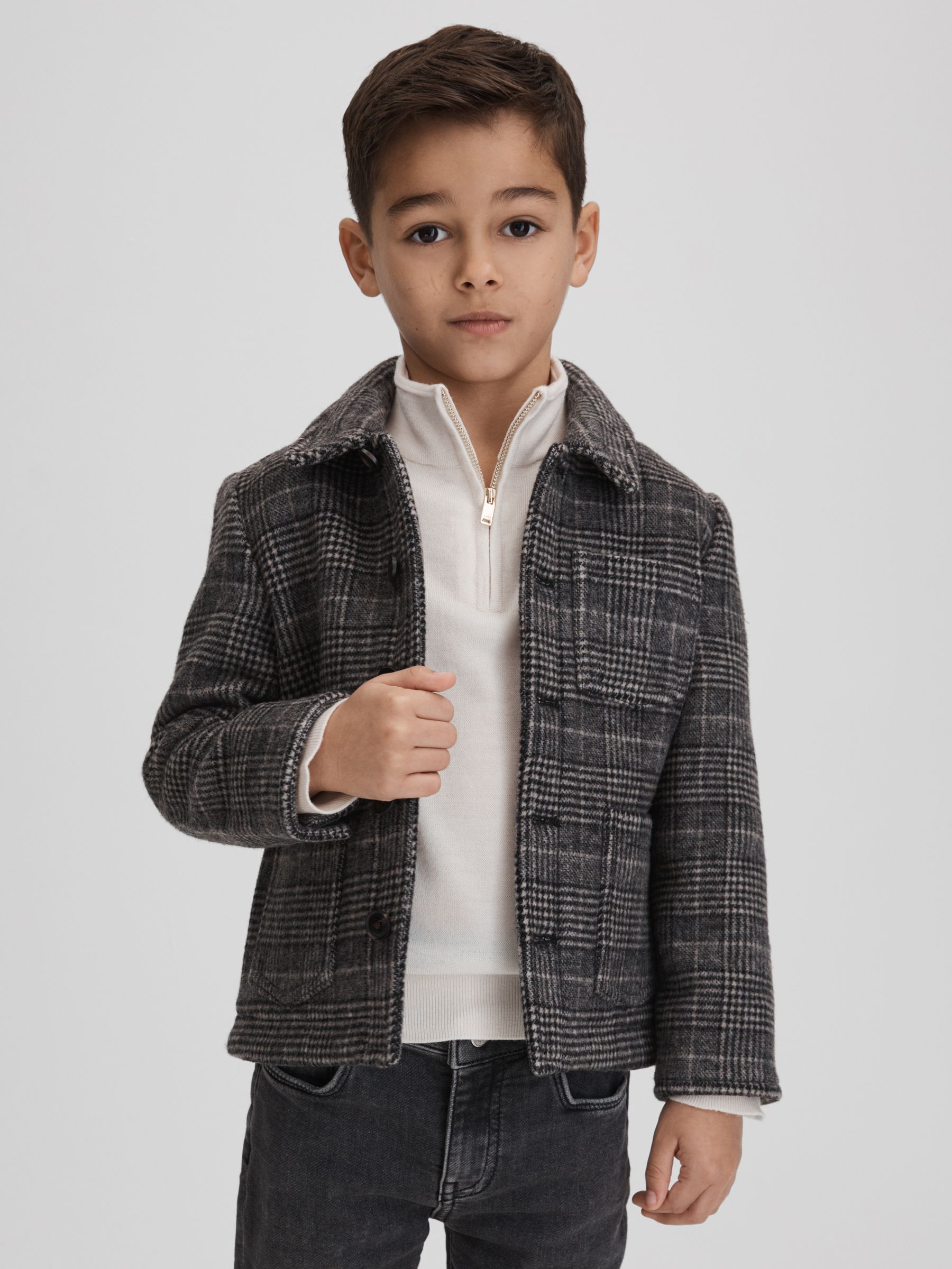 3-9 yrs Check Button-Through Overshirt in Charcoal - Image 1 of 6