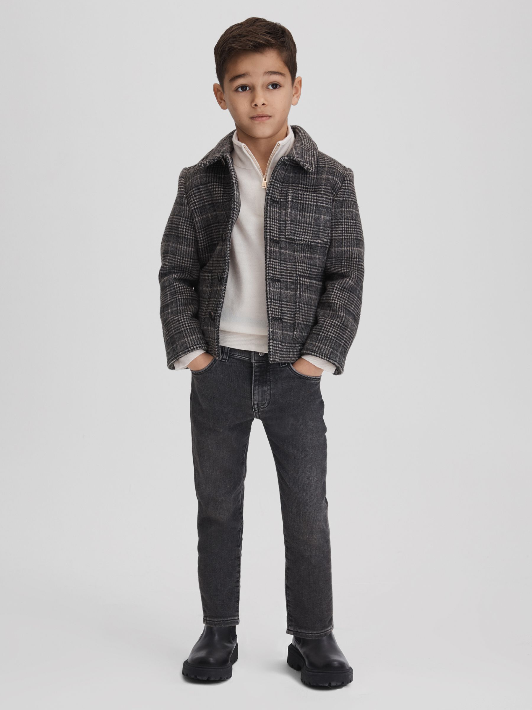 3-9 yrs Check Button-Through Overshirt in Charcoal - Image 3 of 6