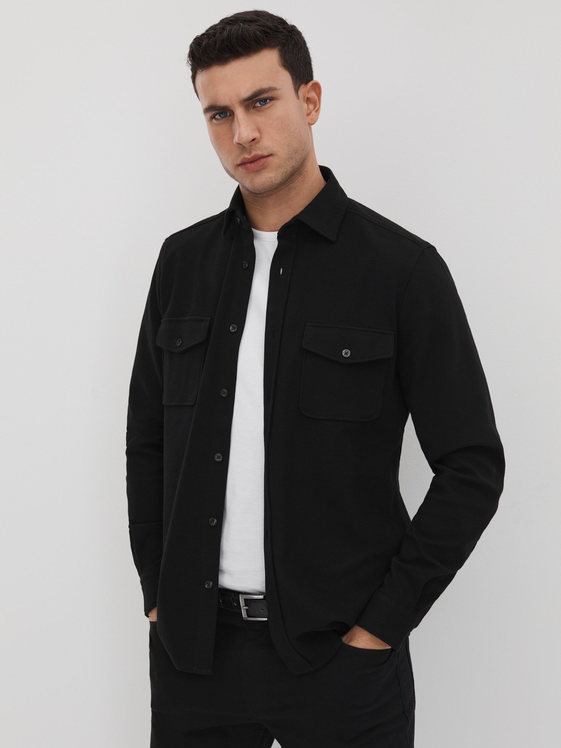 Textured Button-Through Shirt in Black - Image 1 of 7