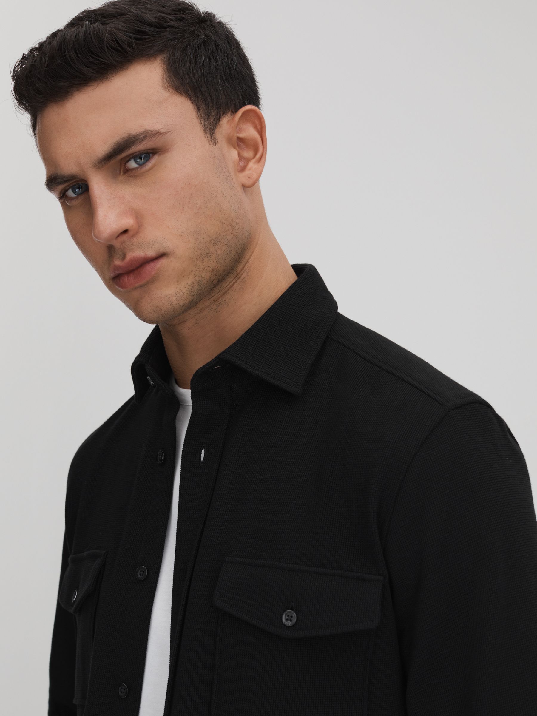 Textured Button-Through Shirt in Black - Image 4 of 7