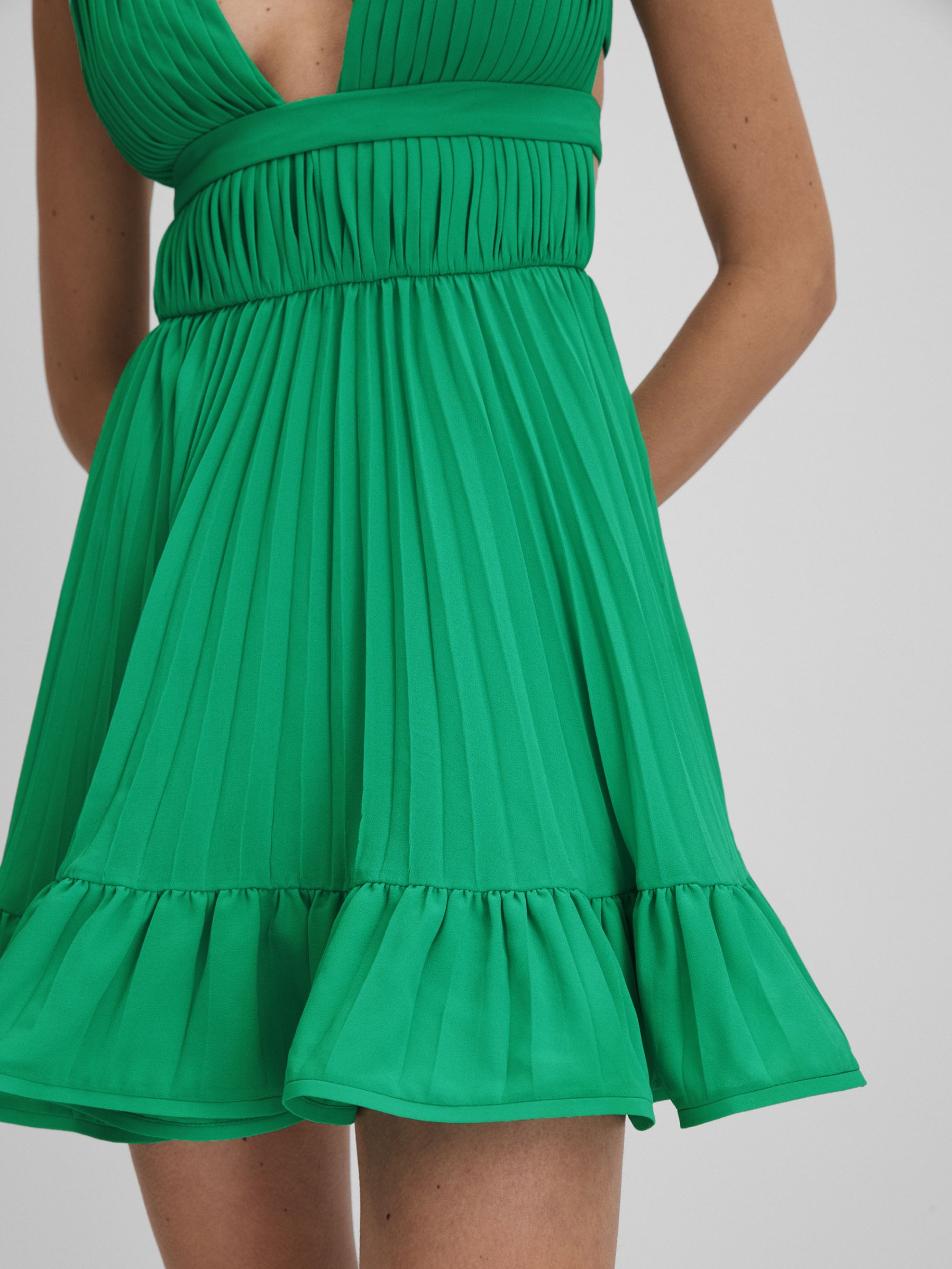 Amur Pleated Plunge Neck Mini Dress in Snow Pea - Image 4 of 6