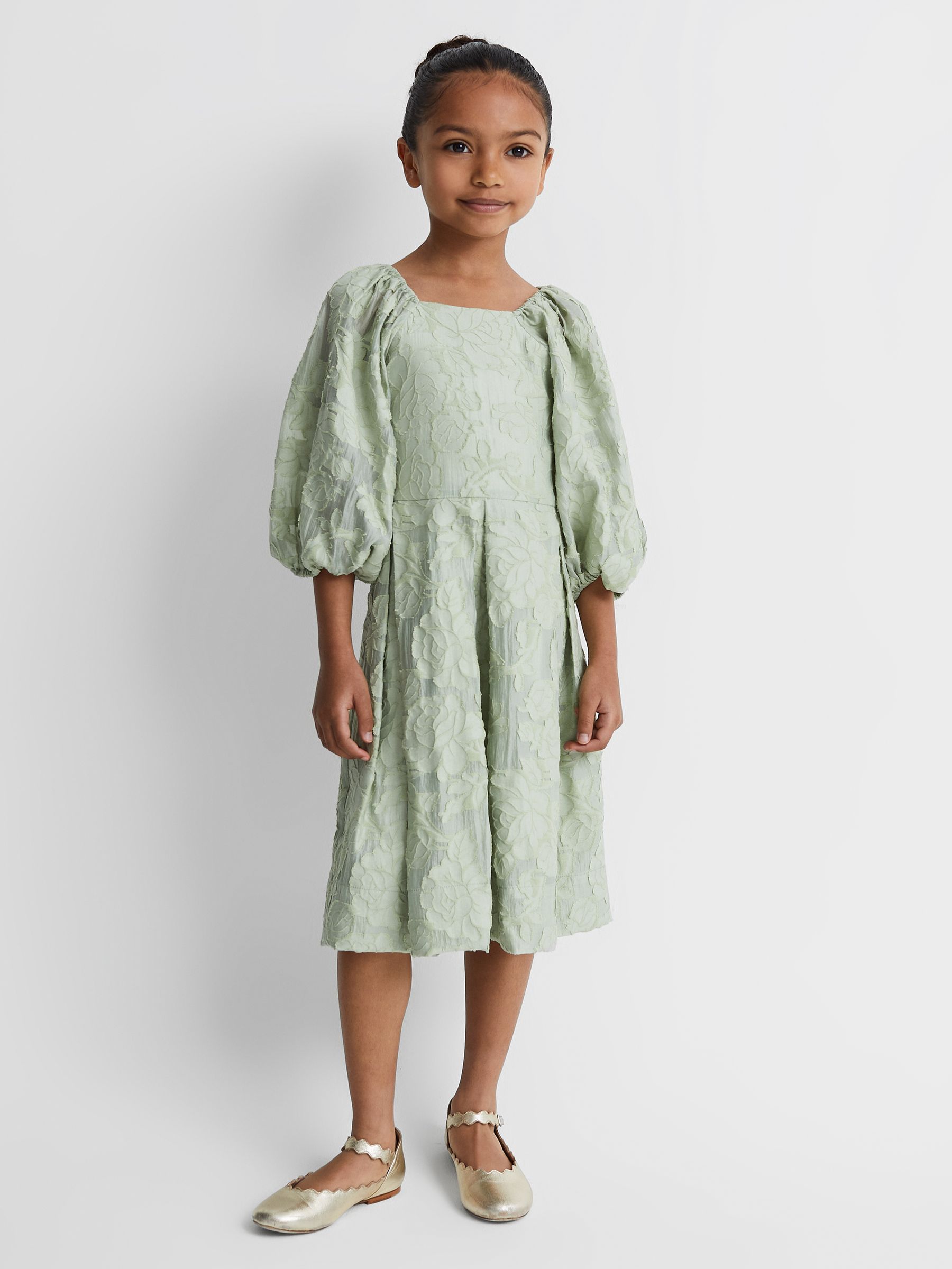 13-14 yrs Jacquard Puff Sleeve Dress in Sage - Image 1 of 6