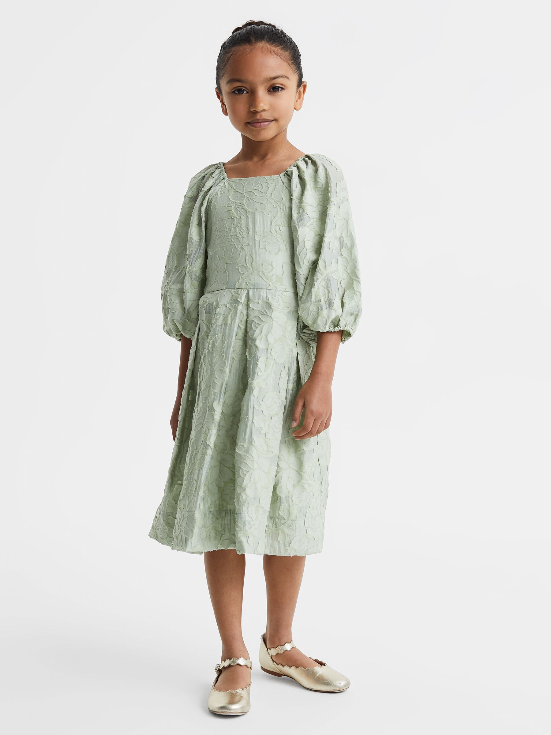 4-9 yrs Jacquard Puff Sleeve Dress in Sage - Image 1 of 6