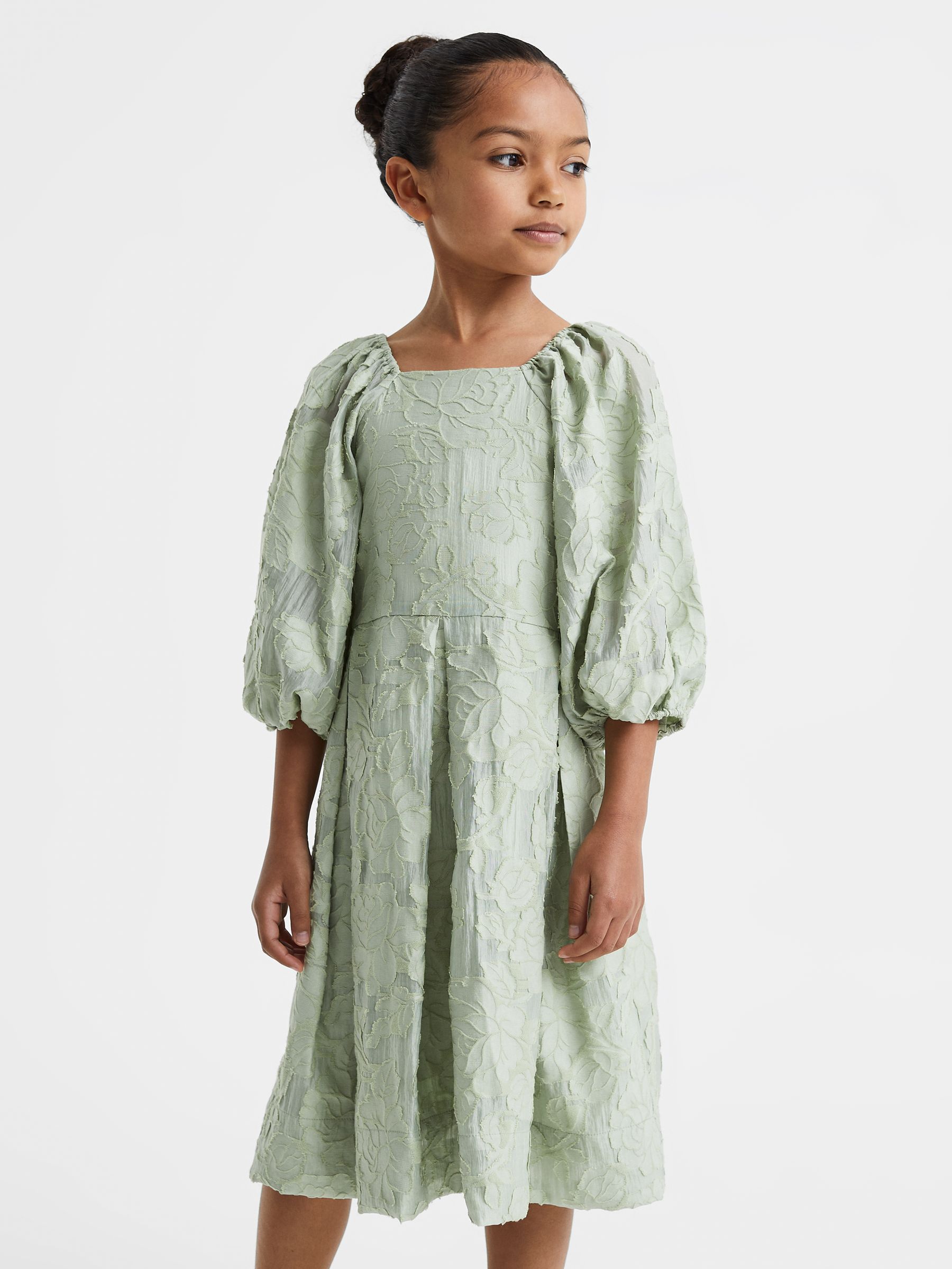 Reiss 4-9 yrs Jacquard Puff Sleeve Dress in Sage - REISS