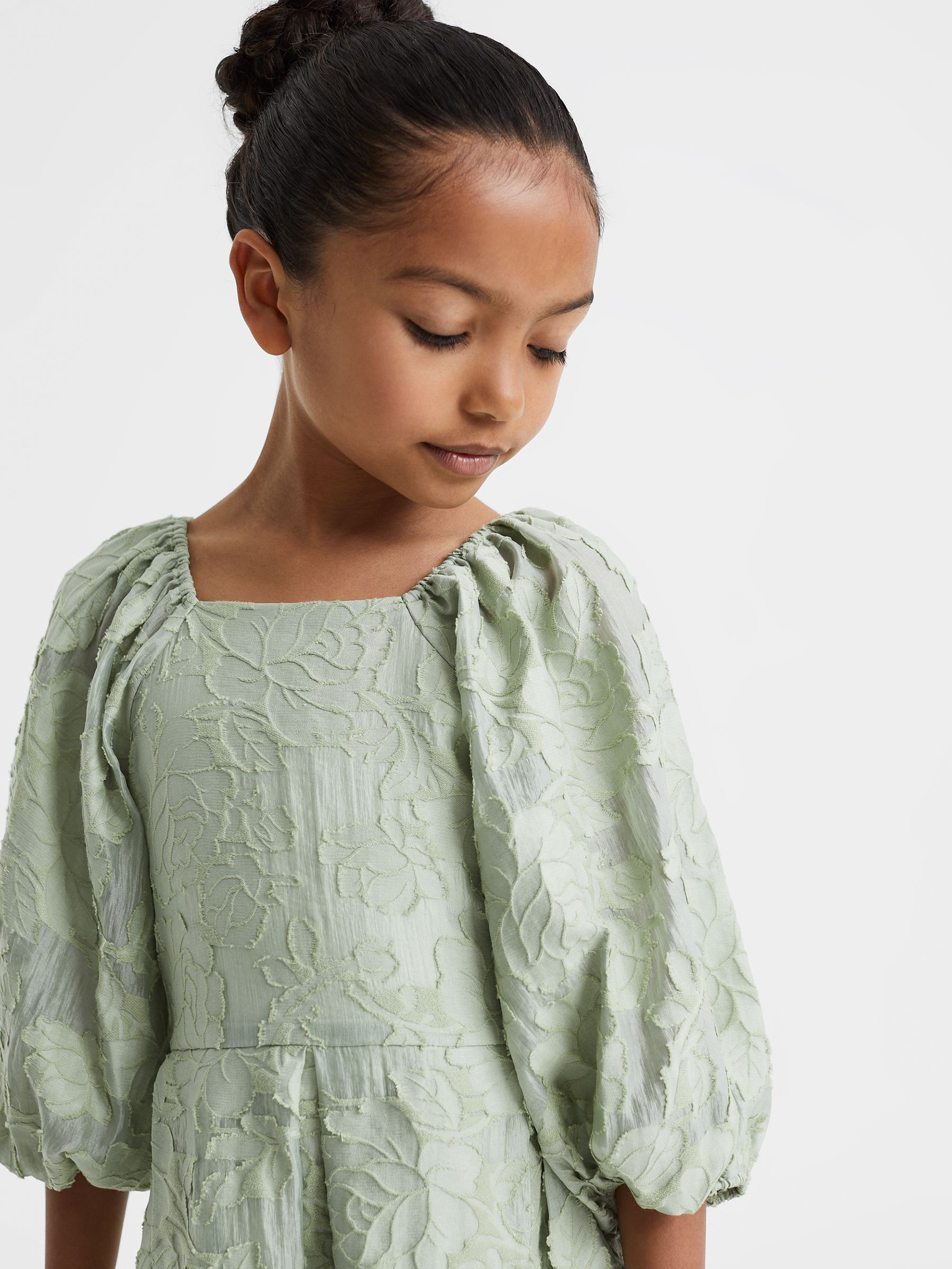 4-9 yrs Jacquard Puff Sleeve Dress in Sage - Image 4 of 6