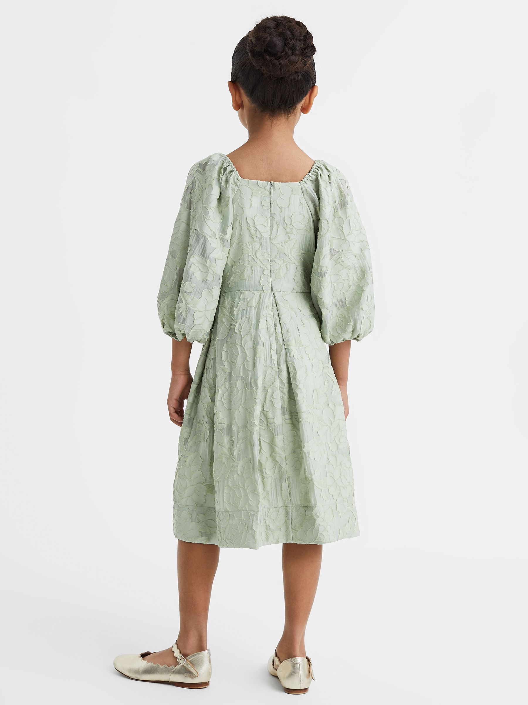 4-9 yrs Jacquard Puff Sleeve Dress in Sage - Image 5 of 6
