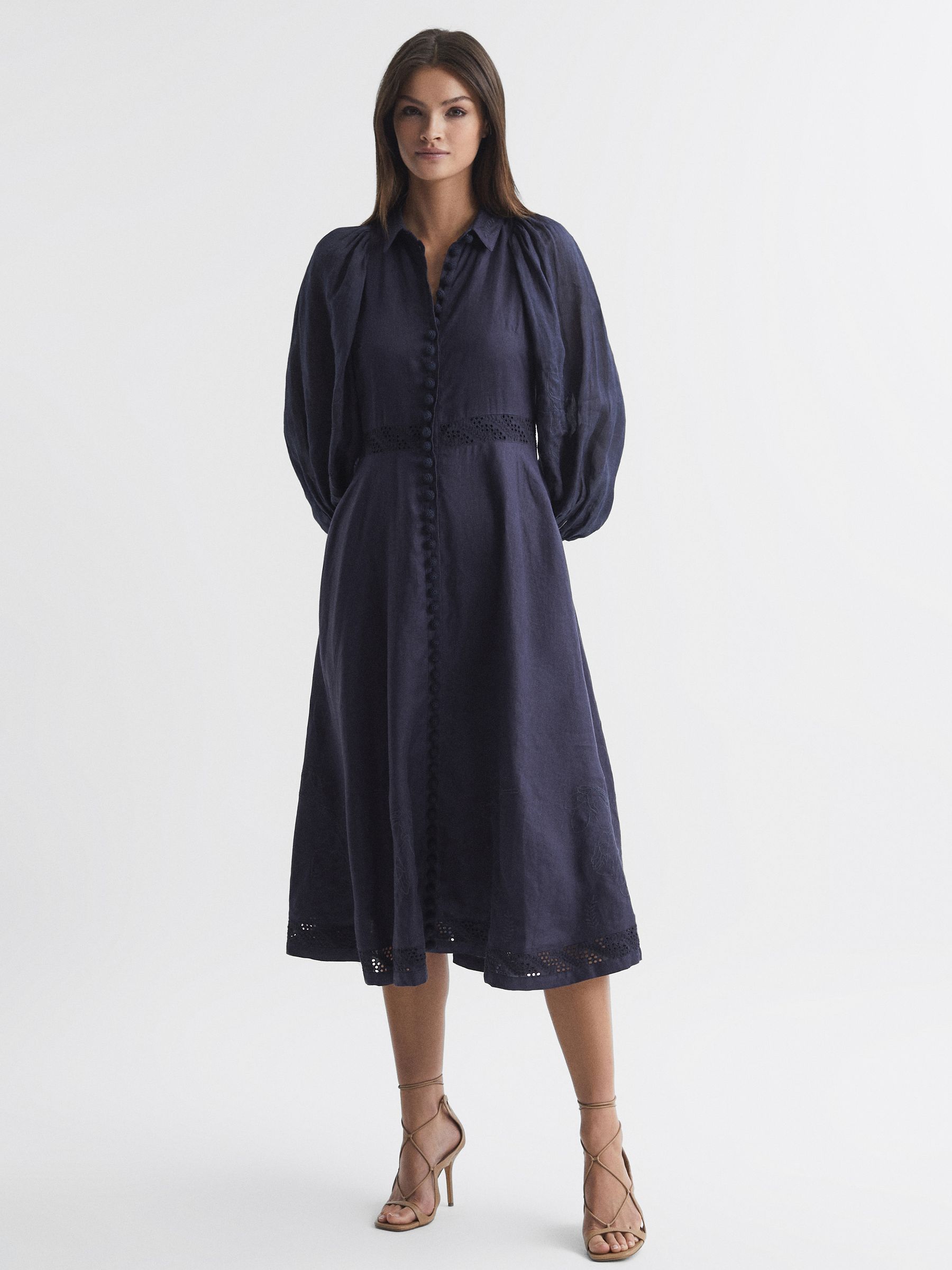 Joslin Linen Shirt Midi Dress in Navy - Image 1 of 6