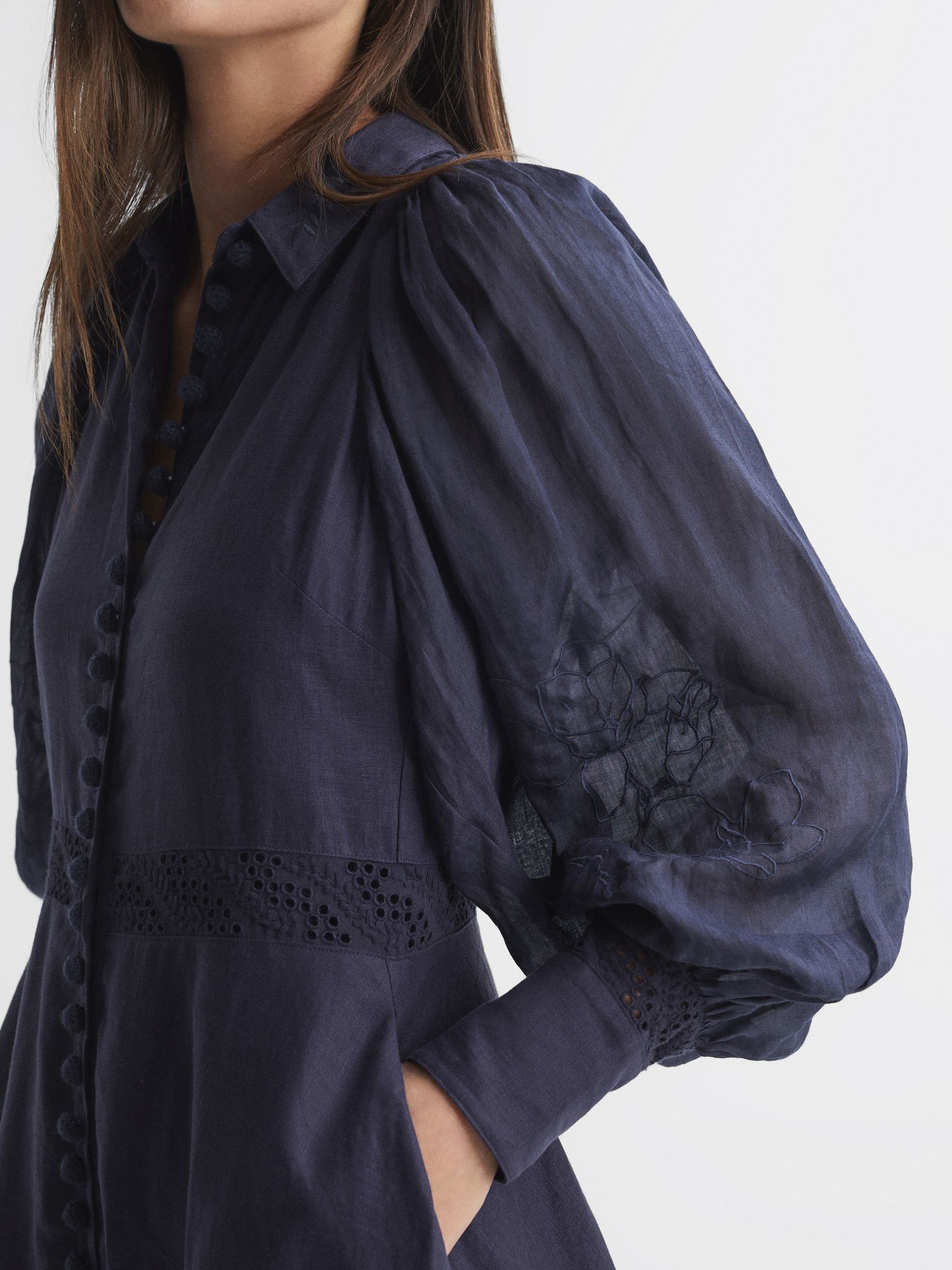 Joslin Linen Shirt Midi Dress in Navy - Image 3 of 6