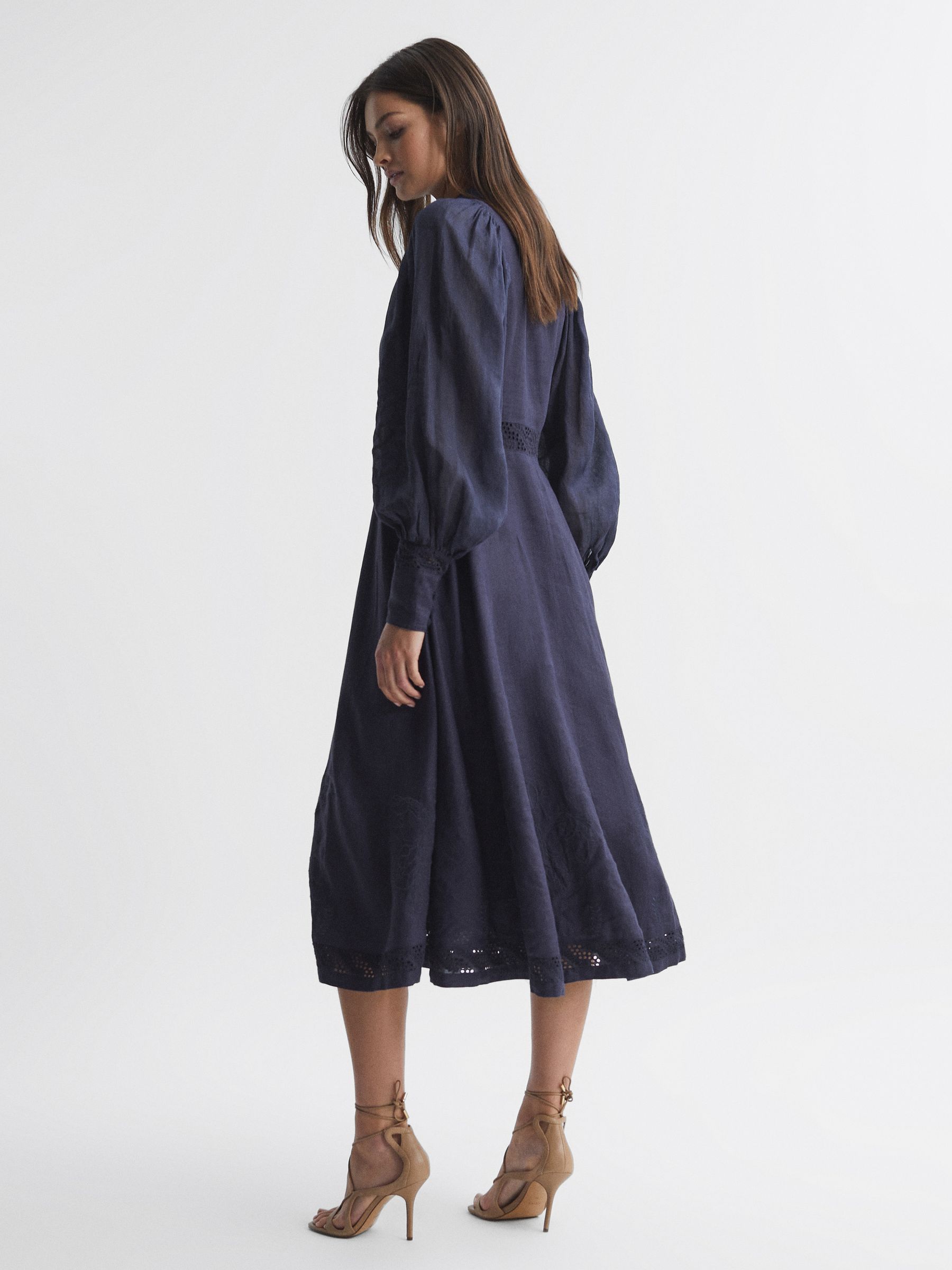 Joslin Linen Shirt Midi Dress in Navy - Image 4 of 6