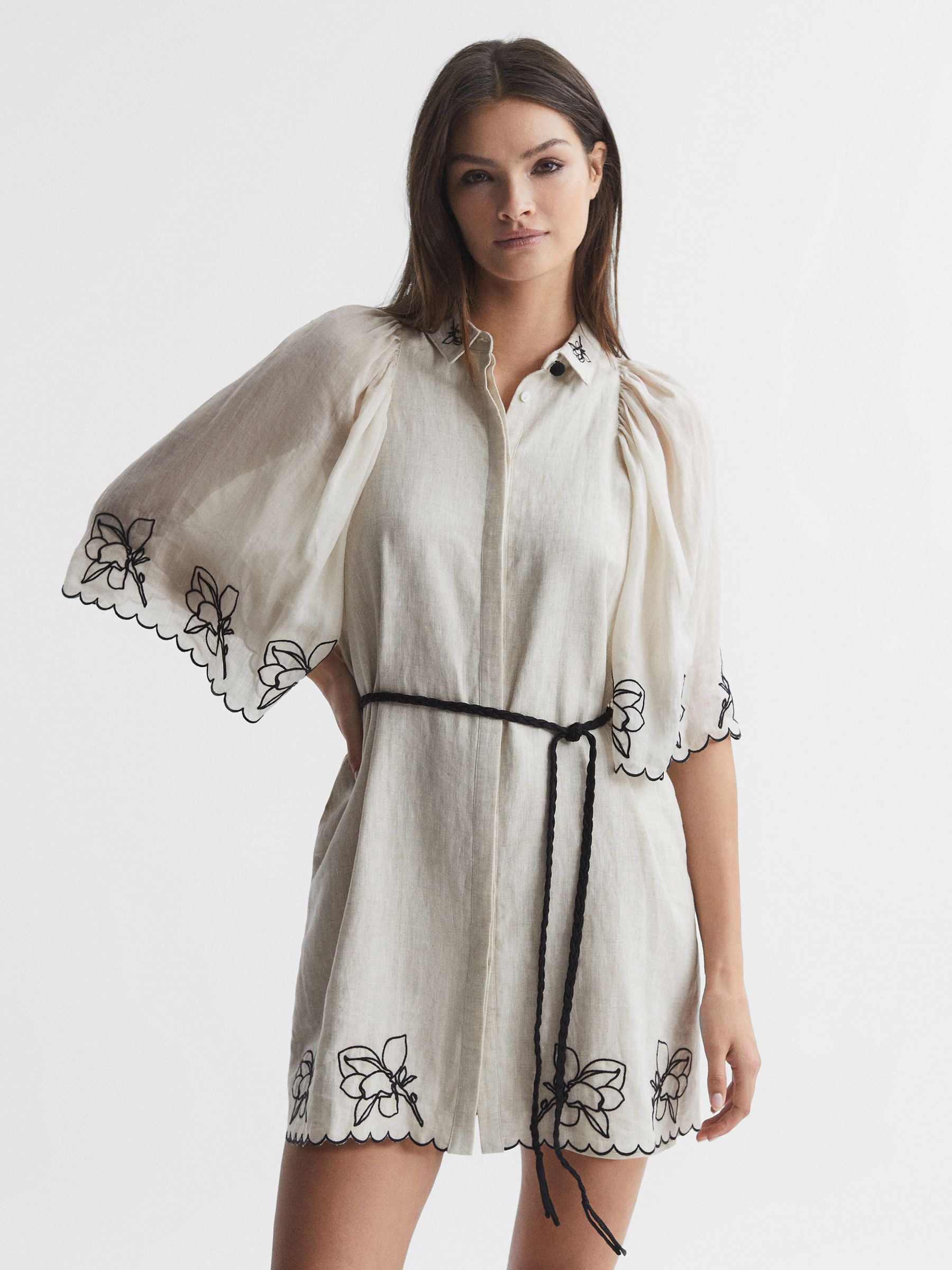 Joslin Embroidered Linen Shirt Mini Dress in Flax Black - Image 1 of 6 Joslin Embroidered Linen Shirt Mini Dress in Flax Black - Image 1 of 6