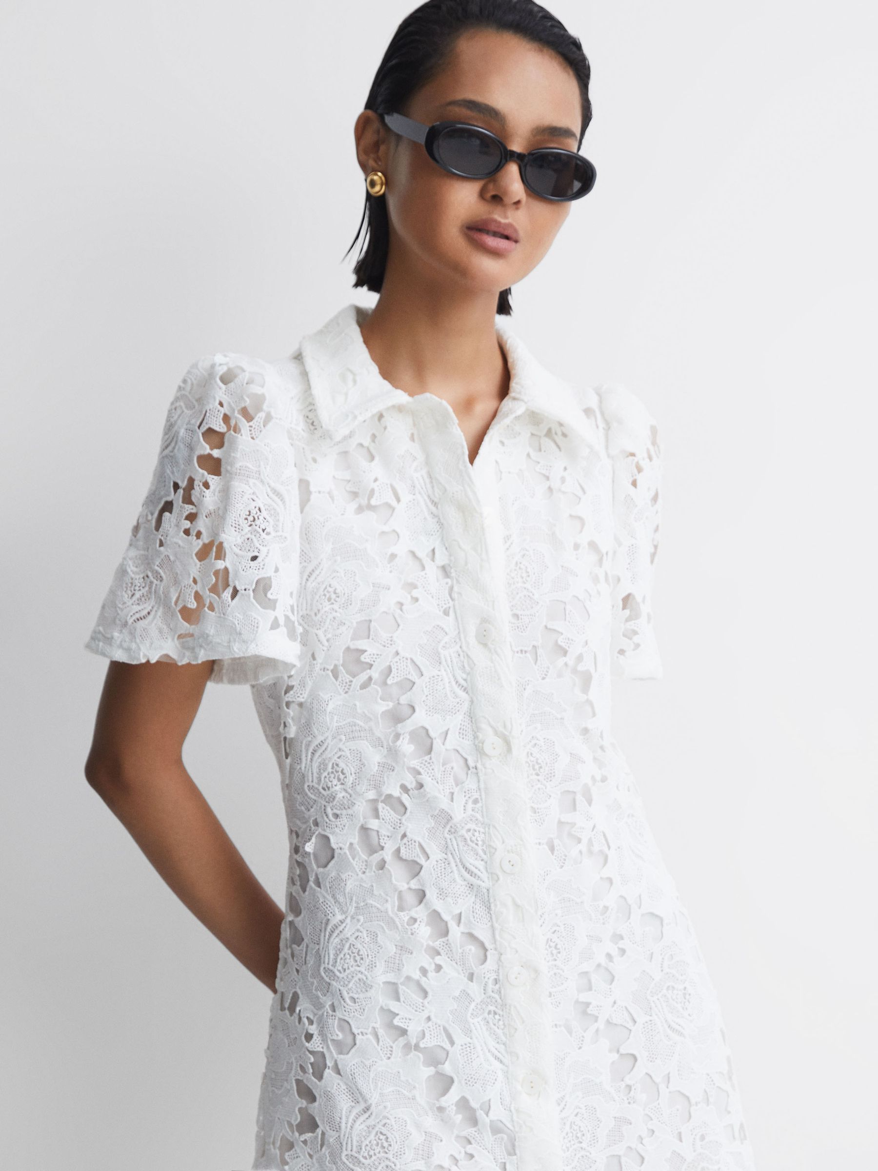 Leo Lin Lace Shirt Mini Dress in Snow White - Image 3 of 5