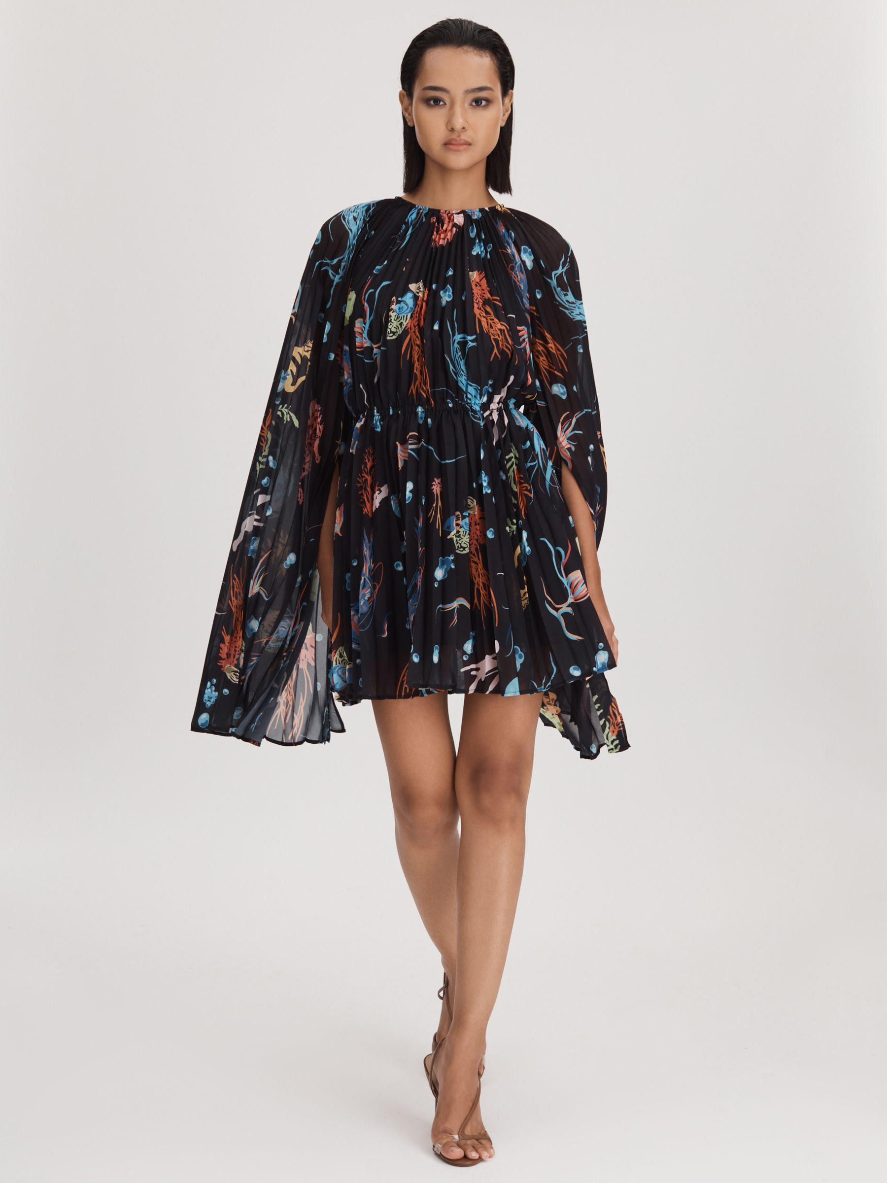 Leo Lin Pleated Bell Sleeve Mini Dress in Twilight Print Black - Image 1 of 5
