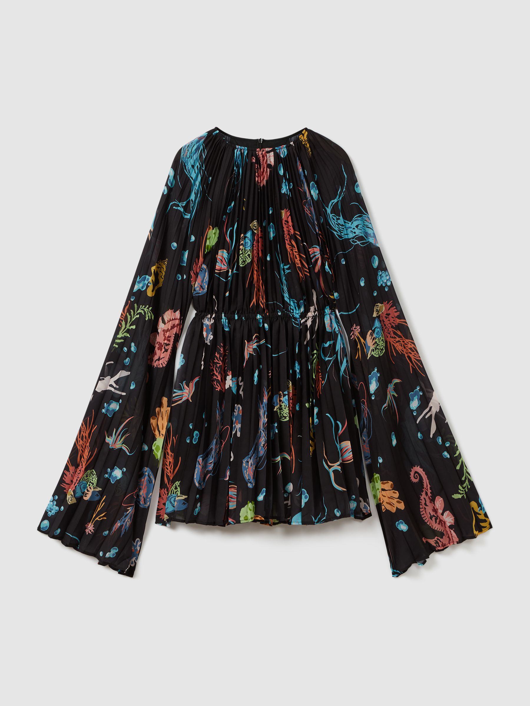 Leo Lin Pleated Bell Sleeve Mini Dress in Twilight Print Black - Image 2 of 5