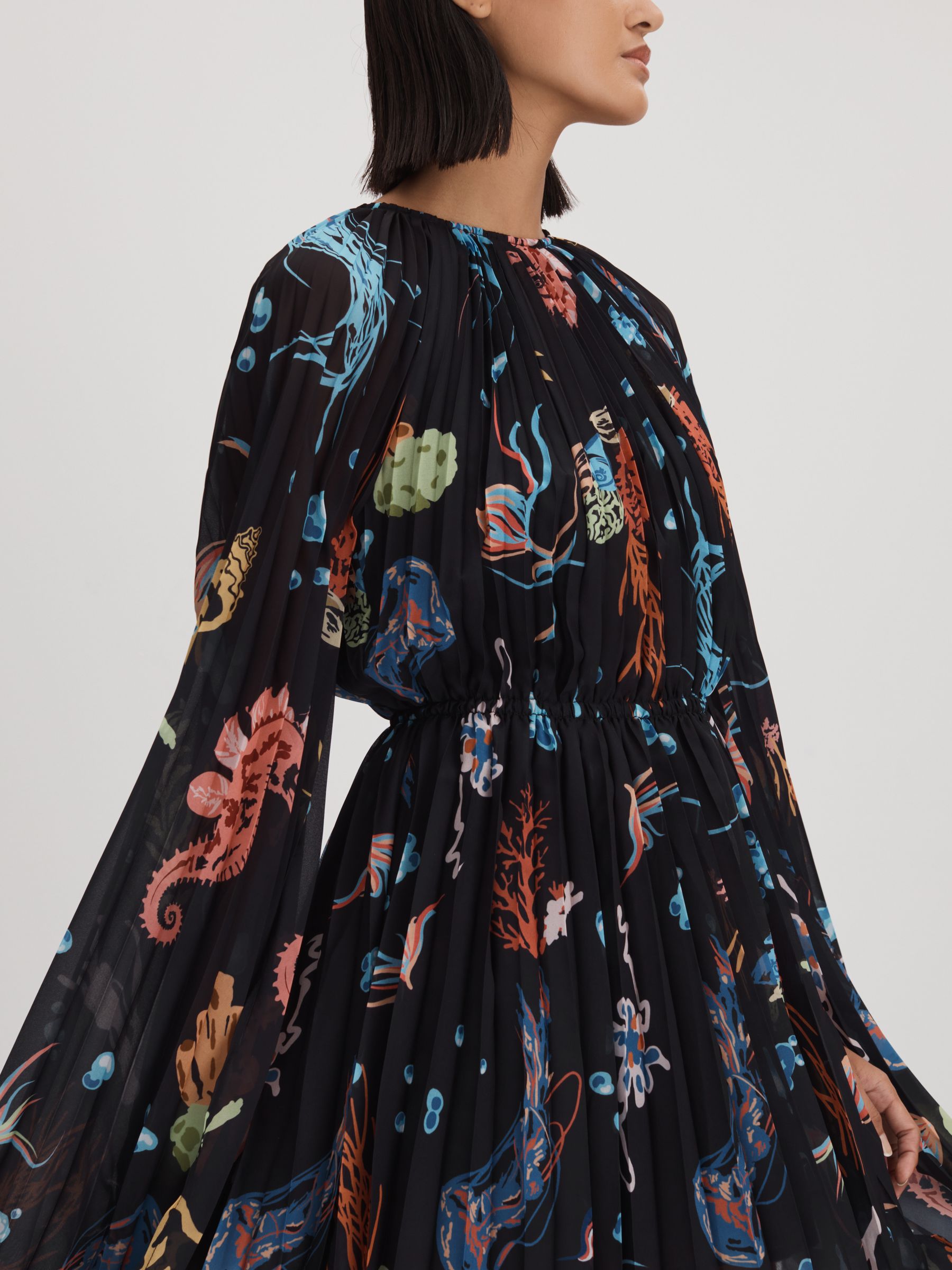 Leo Lin Pleated Bell Sleeve Mini Dress in Twilight Print Black - Image 3 of 5