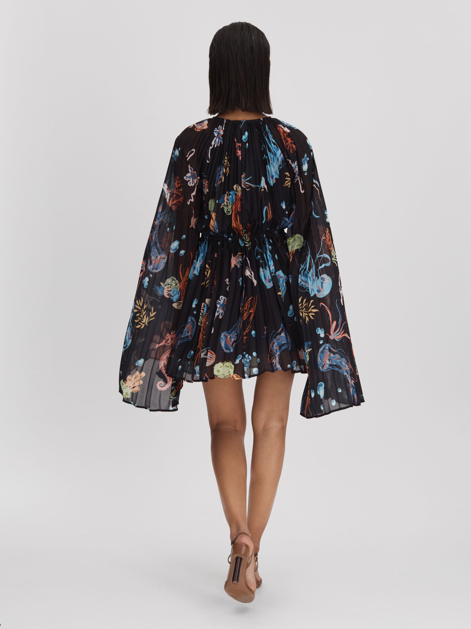 Leo Lin Pleated Bell Sleeve Mini Dress in Twilight Print Black - Image 4 of 5