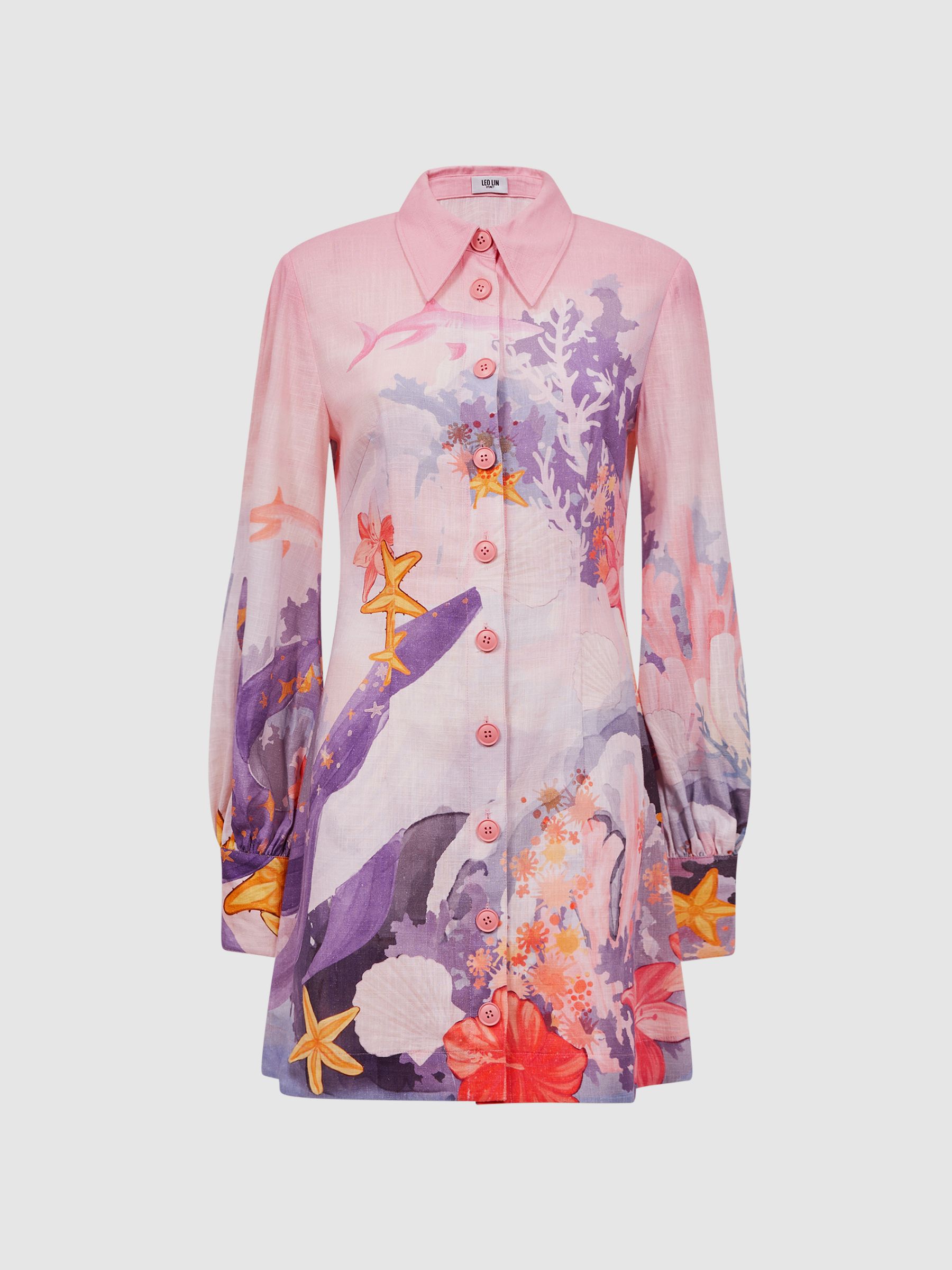 Leo Lin Rayon Linen Blouson Sleeve Mini Dress in Neptune Print Coral - Image 2 of 6