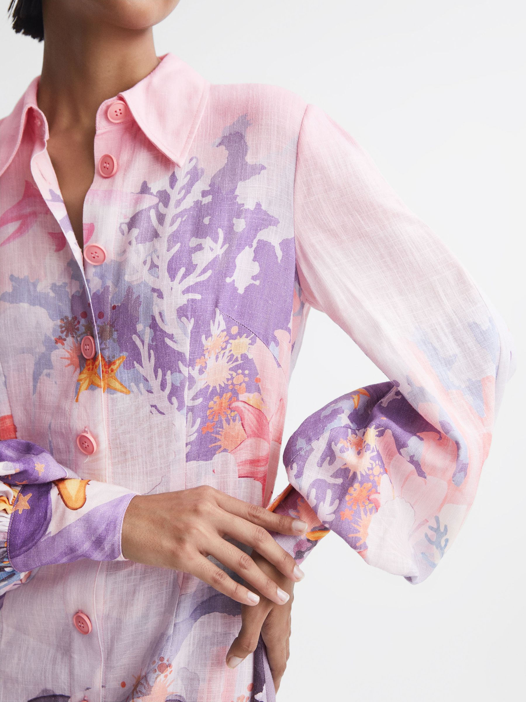 Leo Lin Rayon Linen Blouson Sleeve Mini Dress in Neptune Print Coral - Image 3 of 6