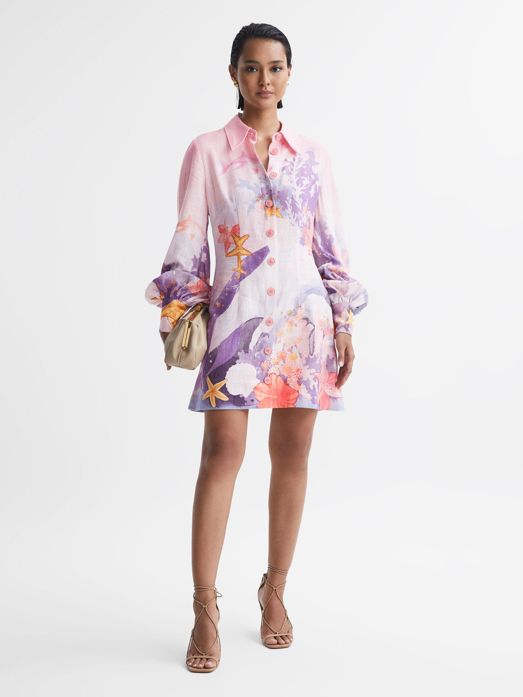 Leo Lin Rayon Linen Blouson Sleeve Mini Dress in Neptune Print Coral - Image 4 of 6