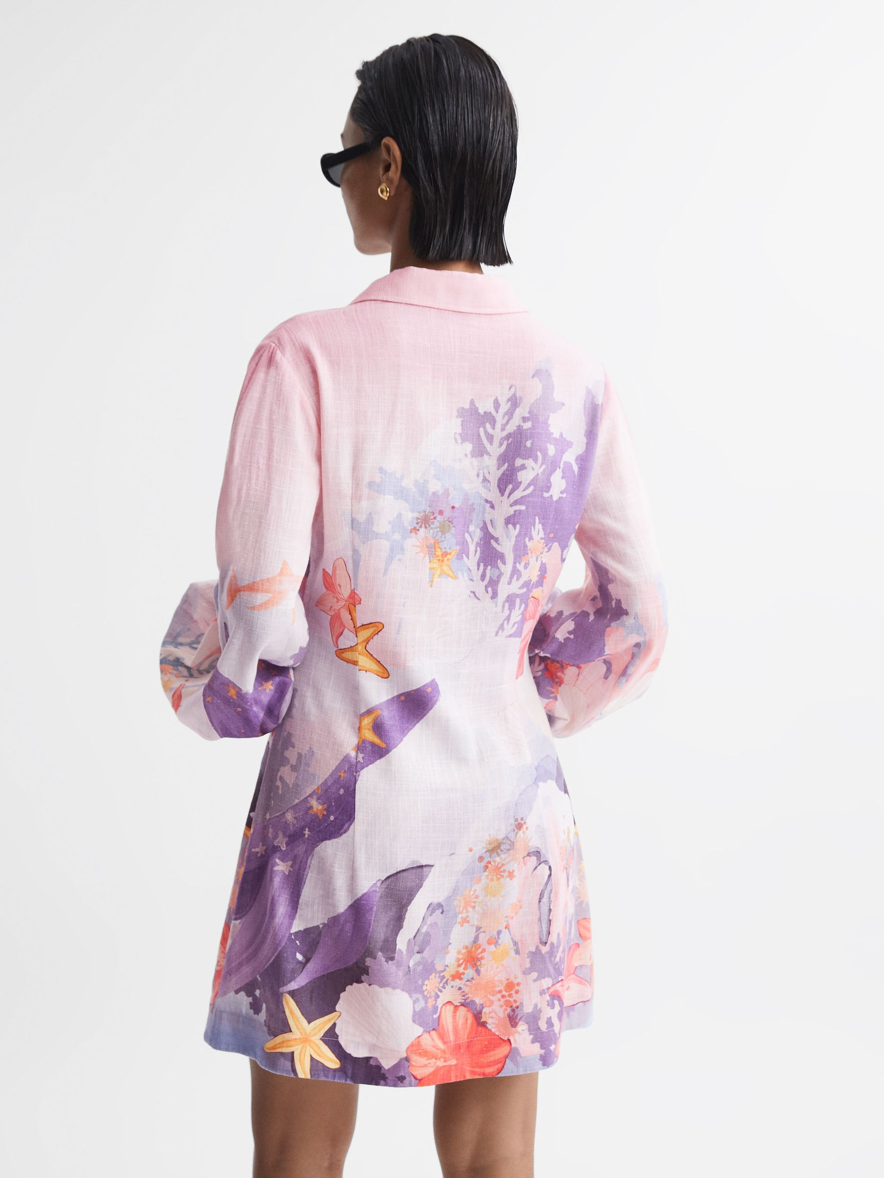 Leo Lin Rayon Linen Blouson Sleeve Mini Dress in Neptune Print Coral - Image 5 of 6