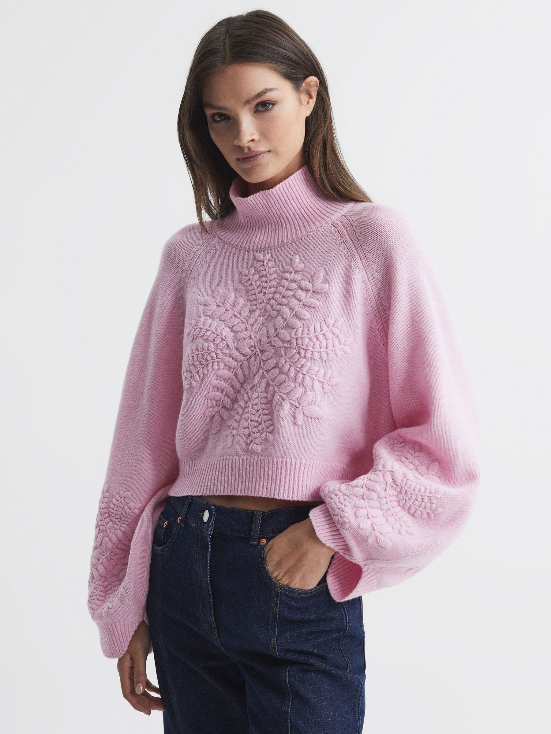 Joslin Embroidered Wool Funnel Neck Jumper in Dahlia Pink Marle - Image 1 of 6