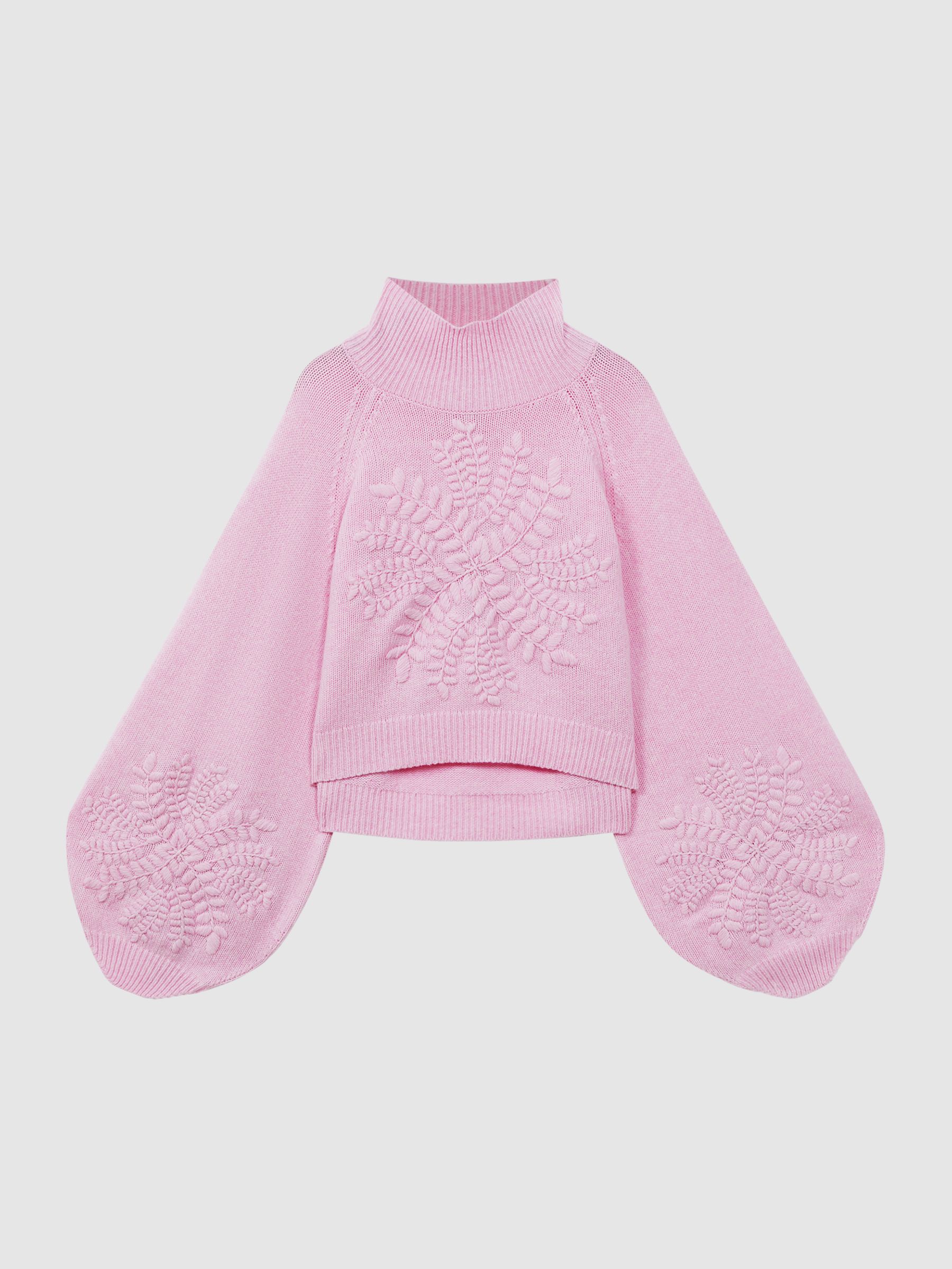 Joslin Embroidered Wool Funnel Neck Jumper in Dahlia Pink Marle - Image 2 of 6