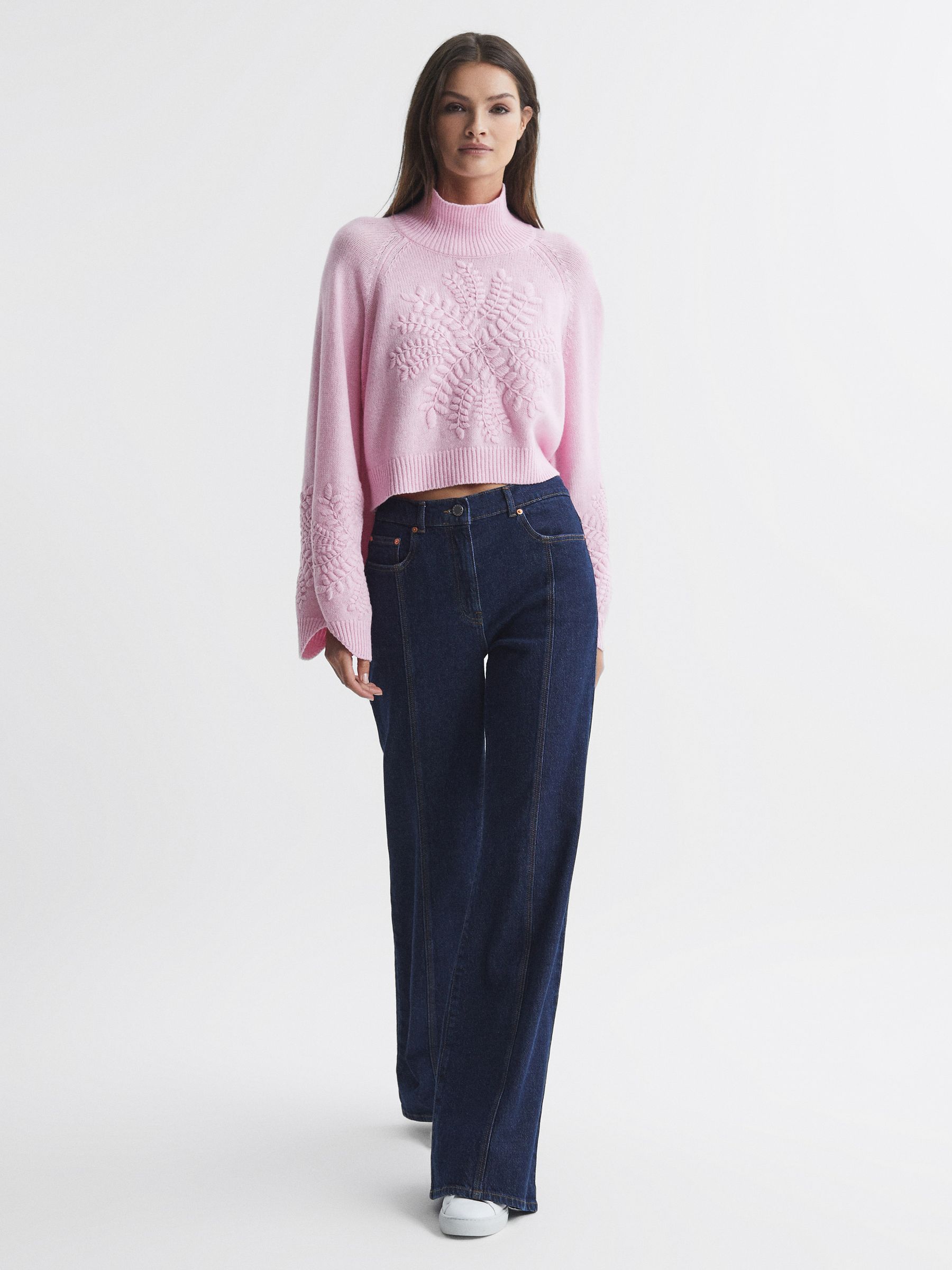 Joslin Embroidered Wool Funnel Neck Jumper in Dahlia Pink Marle - Image 3 of 6