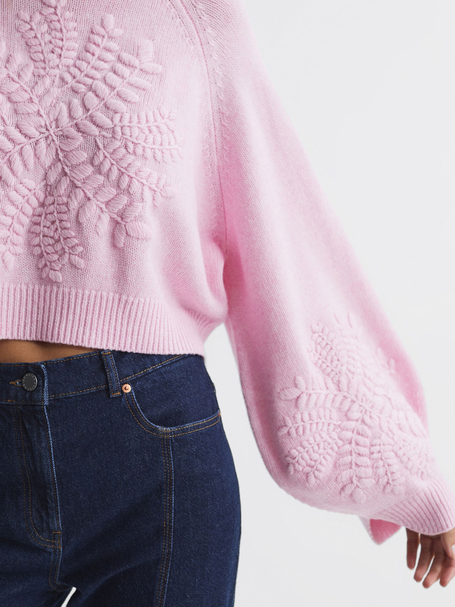 Joslin Embroidered Wool Funnel Neck Jumper in Dahlia Pink Marle - Image 4 of 6