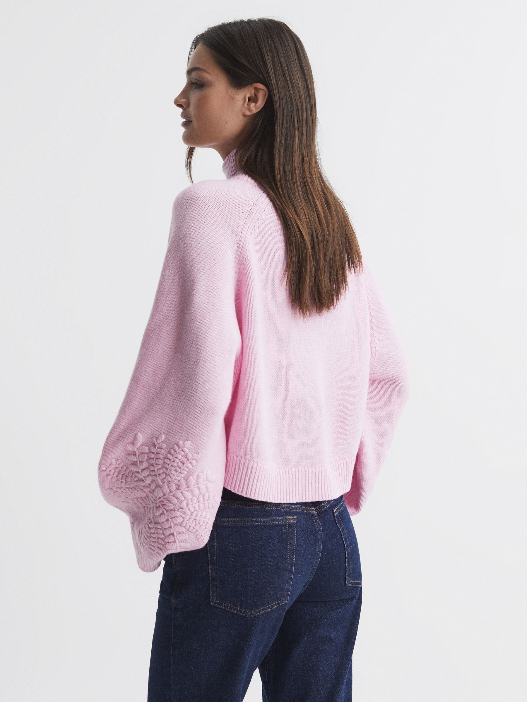 Joslin Embroidered Wool Funnel Neck Jumper in Dahlia Pink Marle - Image 5 of 6