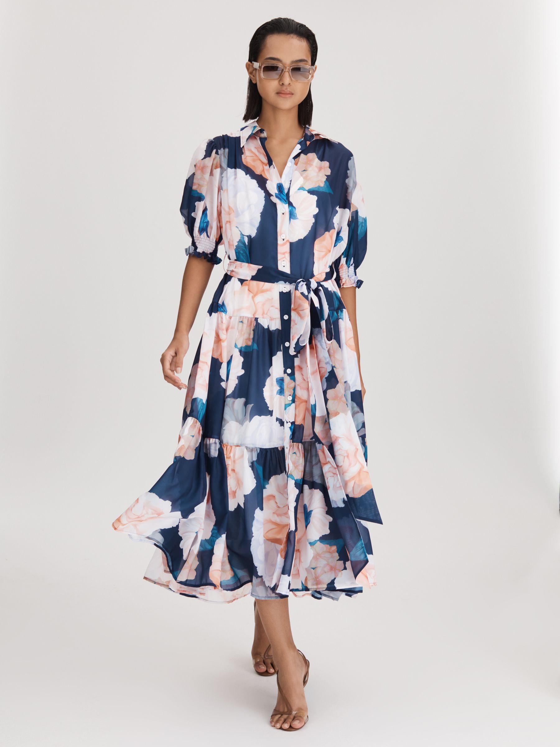 Leo Lin Printed Bishop Sleeve Midi Dress in Rosebud Print Navy - Image 1 of 5