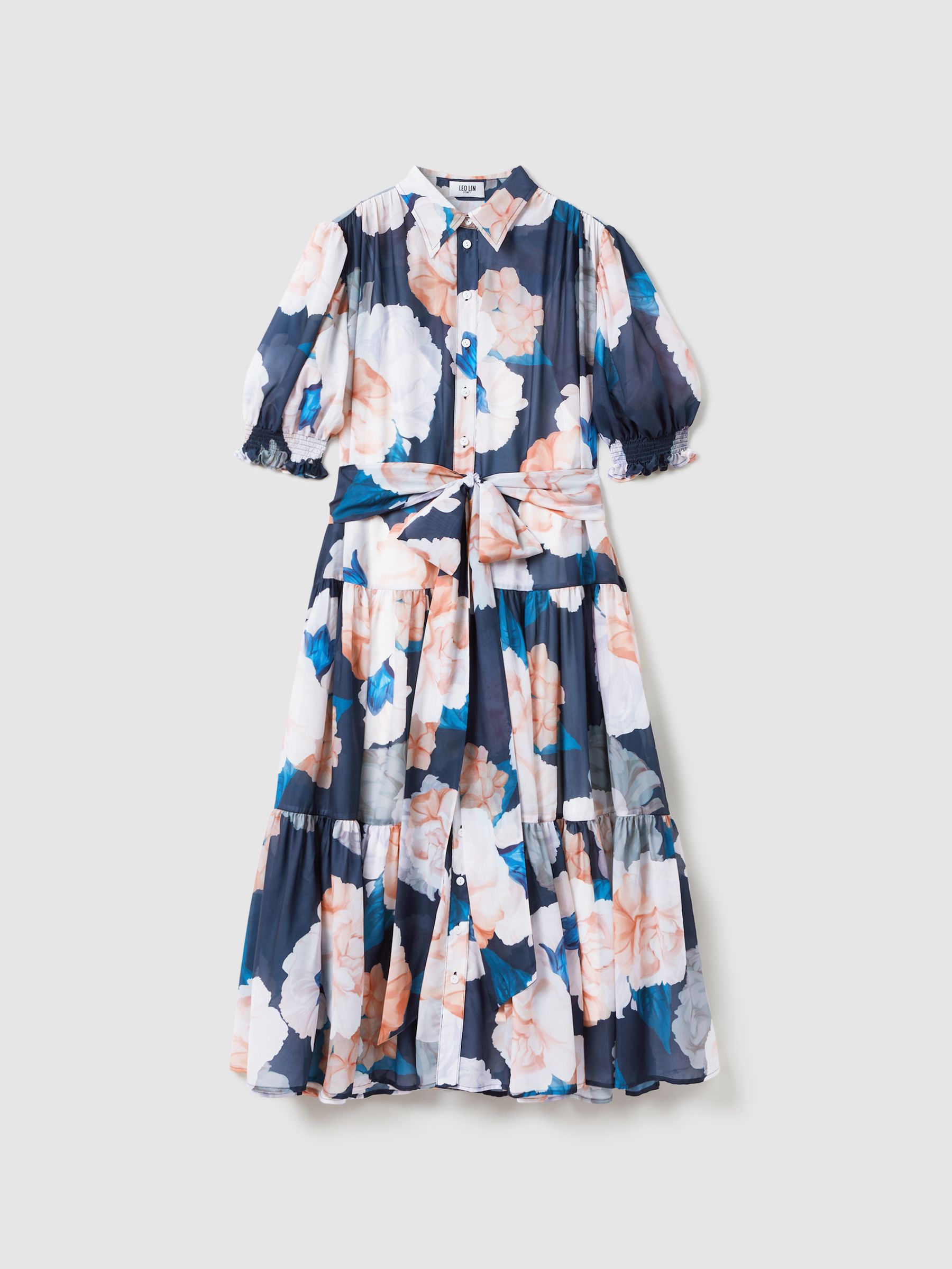 Leo Lin Printed Bishop Sleeve Midi Dress in Rosebud Print Navy - Image 2 of 5